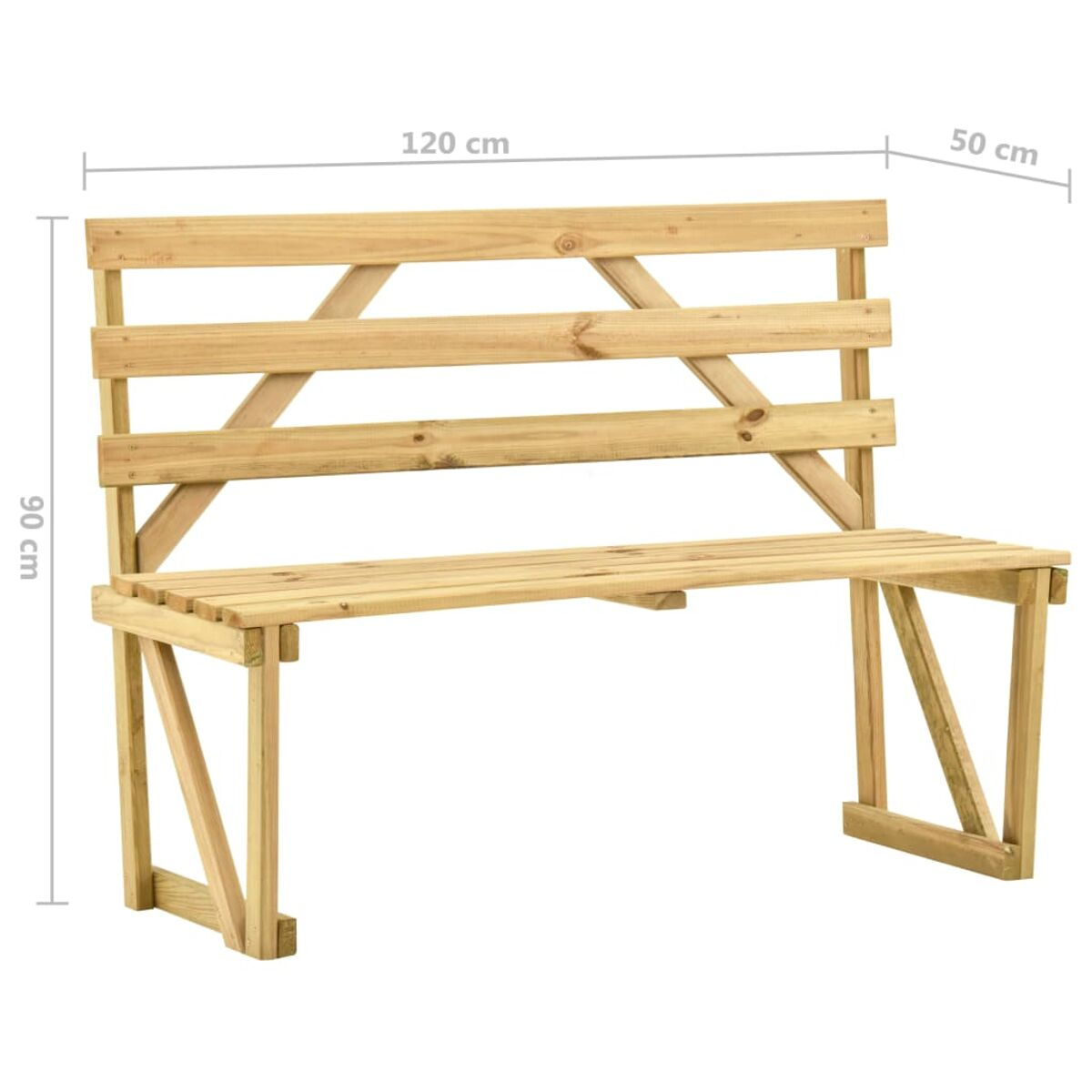 Holzbank für den Außenbereich. Sie hat eine Sitzfläche und eine Rückenlehne. Die Bank ist 120 cm breit.