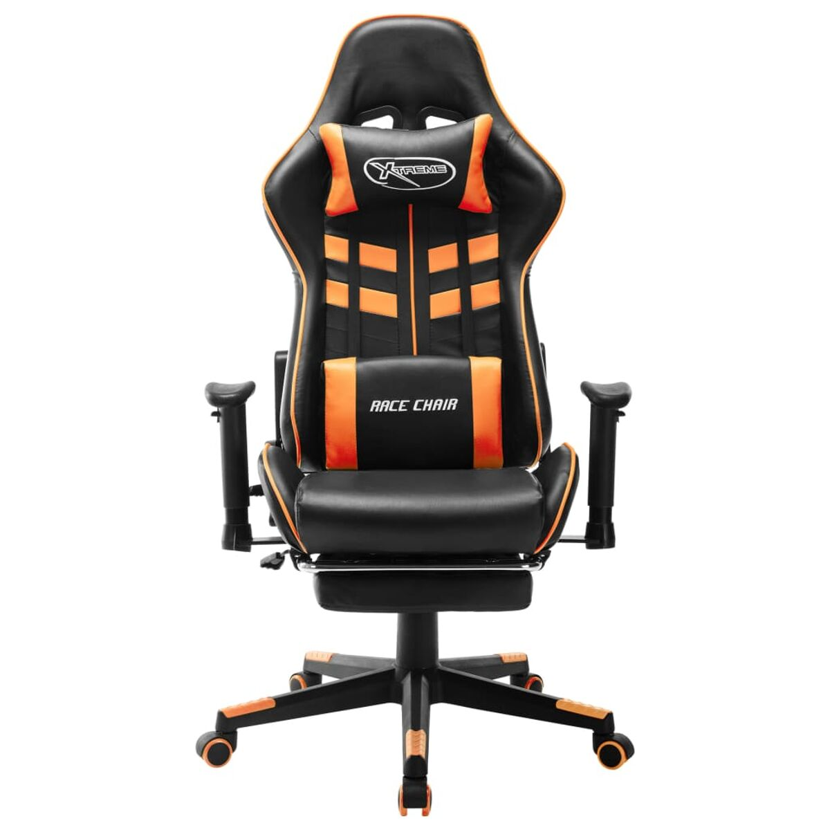 Sedia da gaming nera e arancione. Con poggiatesta e poggiapiedi. Logo Race Chair.