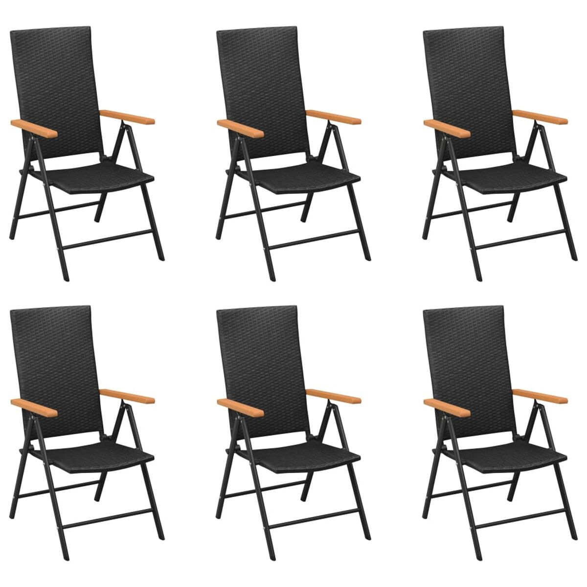 Sechs schwarze Klappstühle mit Holzarmlehnen. Weißer Hintergrund.