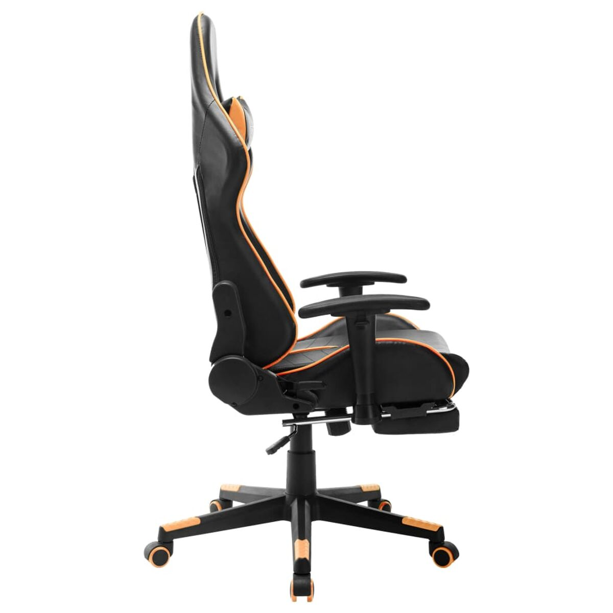 Sedia da gaming nera e arancione, vista laterale, con poggiatesta e poggiapiedi.