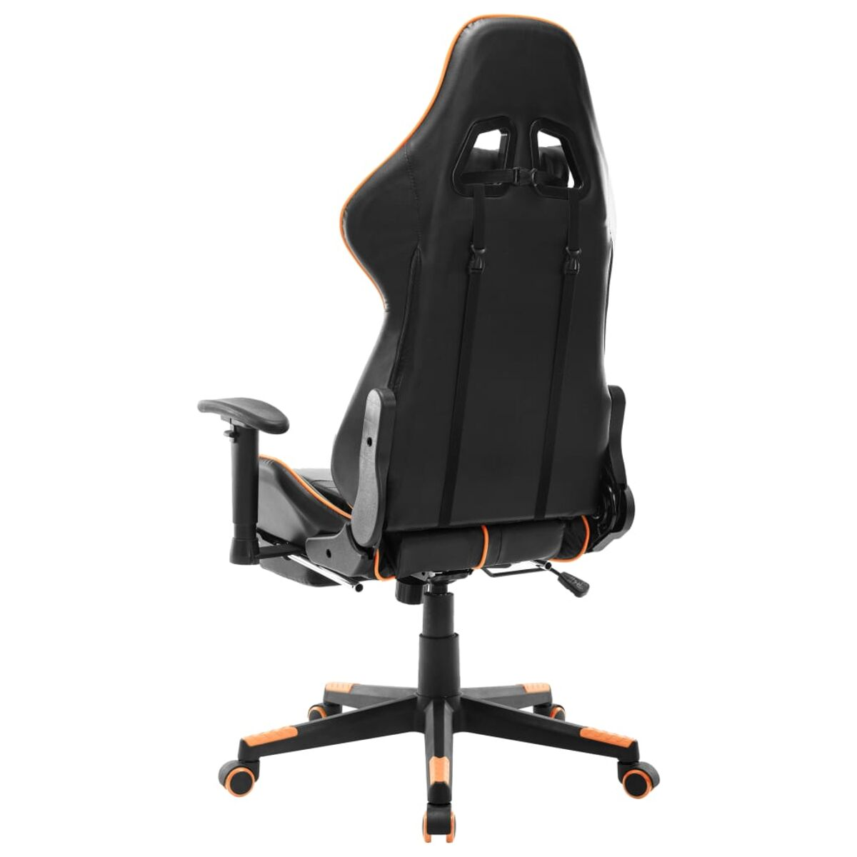 Sedia da gaming nera con dettagli arancioni. Vista posteriore. Ruote e braccioli visibili. Sfondo bianco.