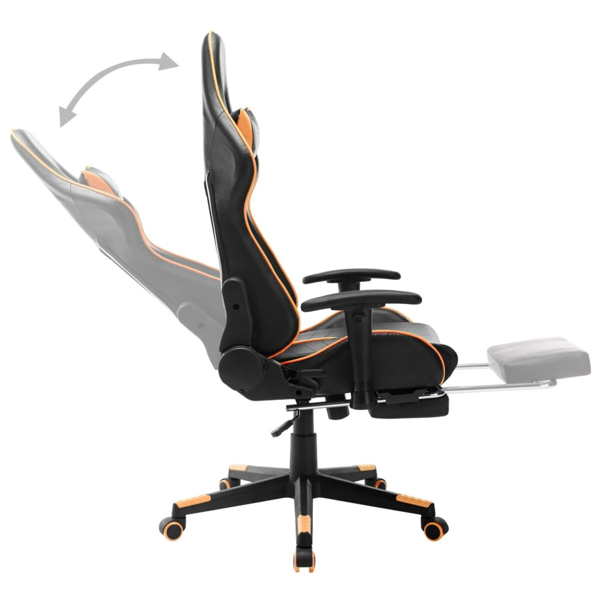 Sedia da gaming nera e arancione. Mostra l'inclinazione e l'estensione del poggiapiedi.