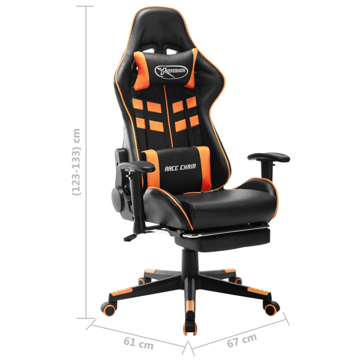 Sedia da gaming nera e arancione con dimensioni in cm. Base nera e dettagli arancioni su sfondo bianco.