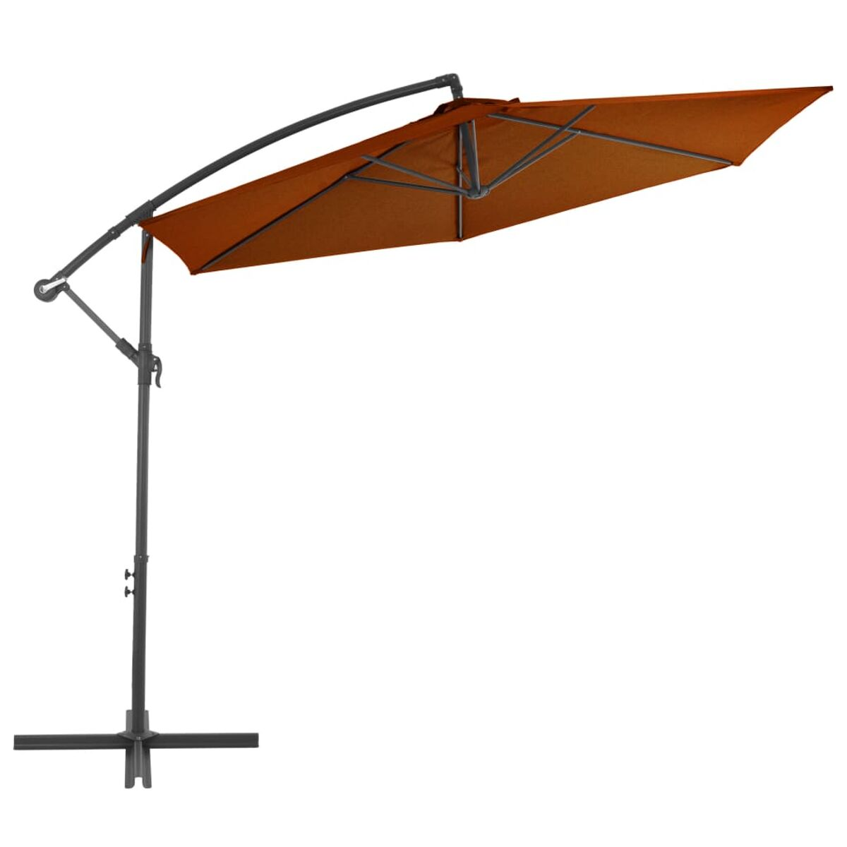 Ein Ausleger-Sonnenschirm, orangefarbenes Verdeck, mit dunkelgrauem Rahmen, weißer Hintergrund.