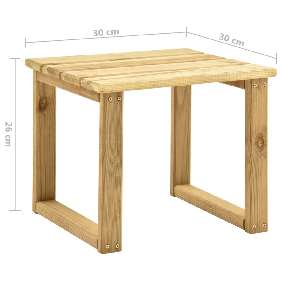 Holz-Beistelltisch für den Außenbereich. Der Tisch ist quadratisch. Weißer Hintergrund.