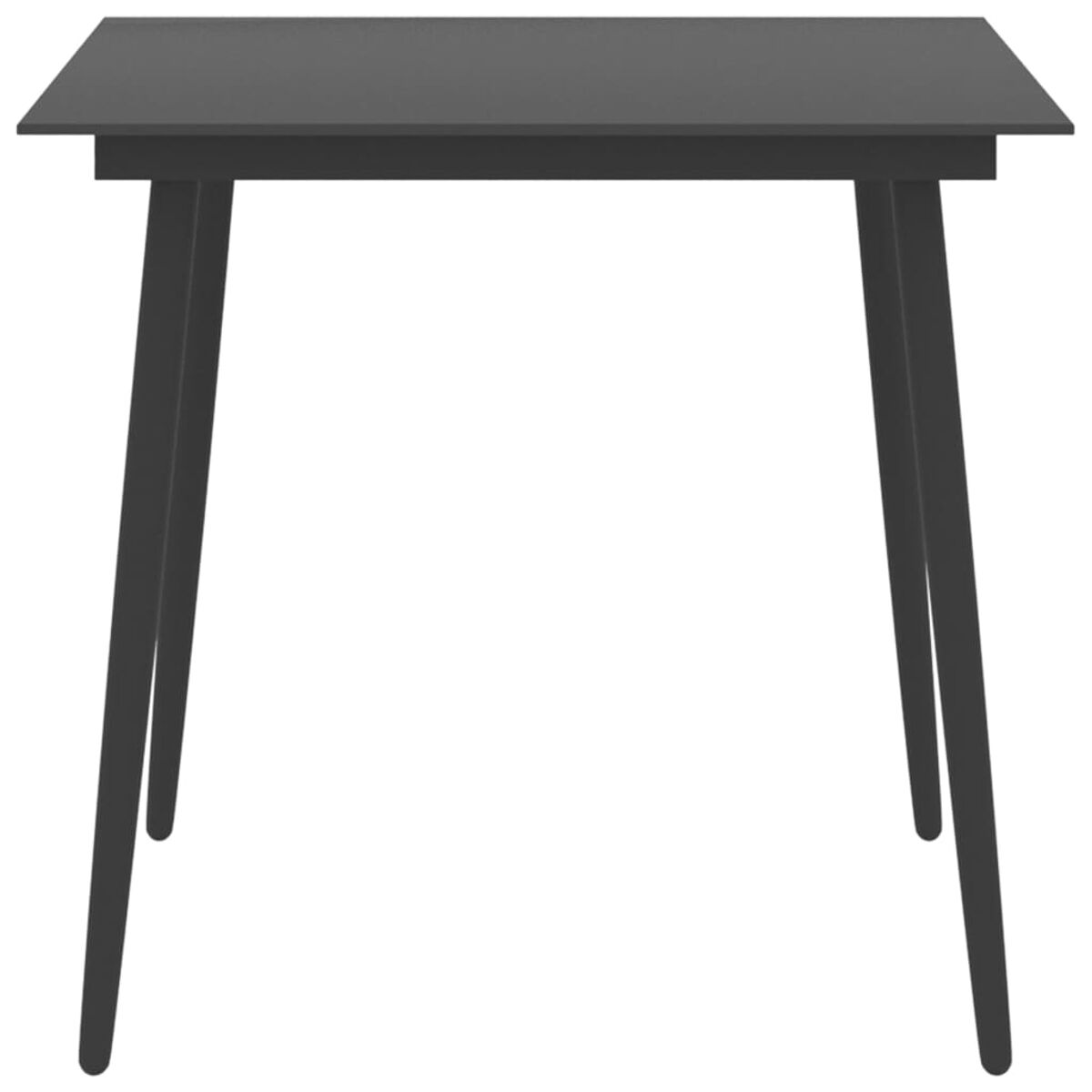 Schwarzer quadratischer Tisch mit vier Beinen, minimalistisches Design, vor weißem Hintergrund.
