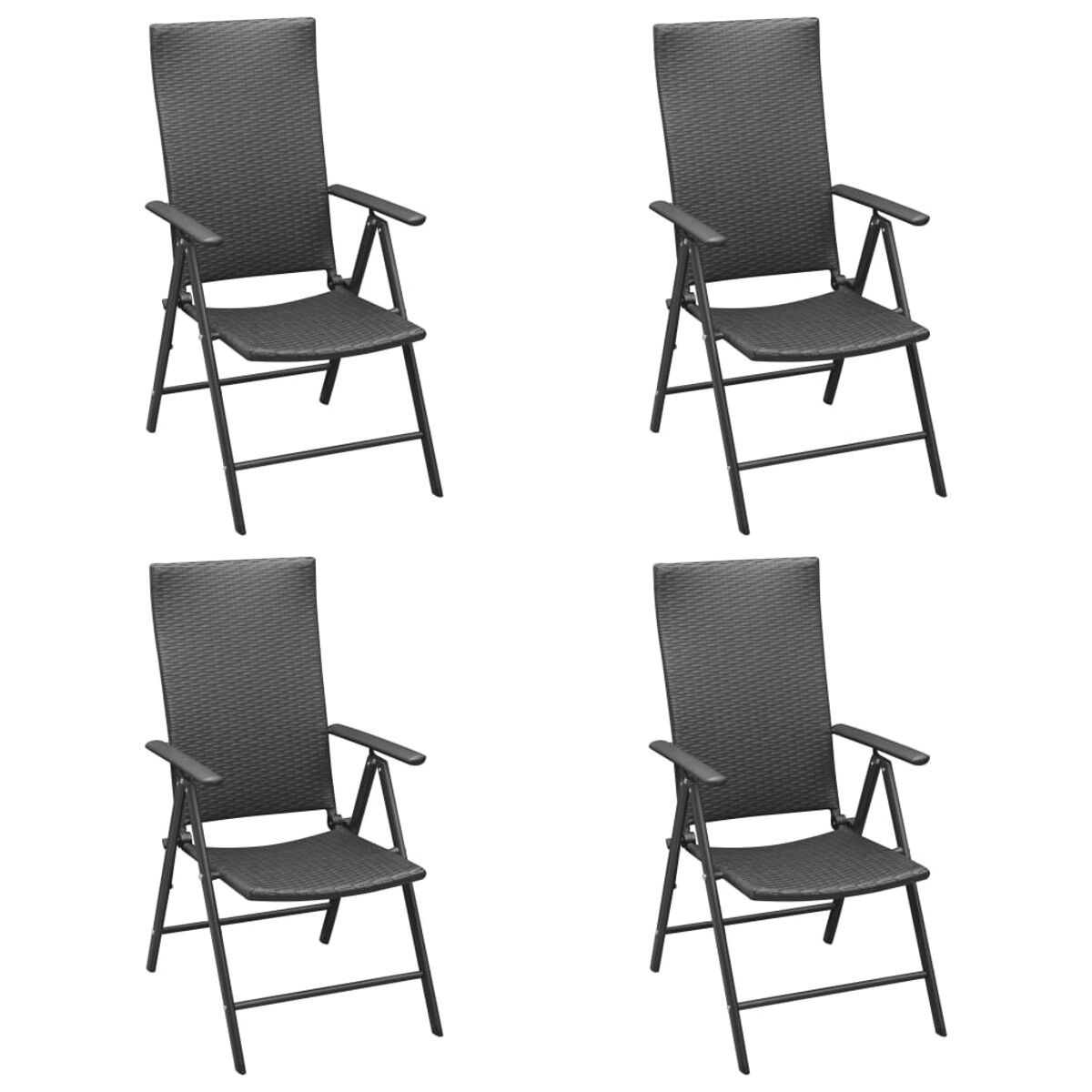 Vier schwarze Klappstühle mit hohem Rücken und Armlehnen. Die Stühle sind in einer Reihe angeordnet.