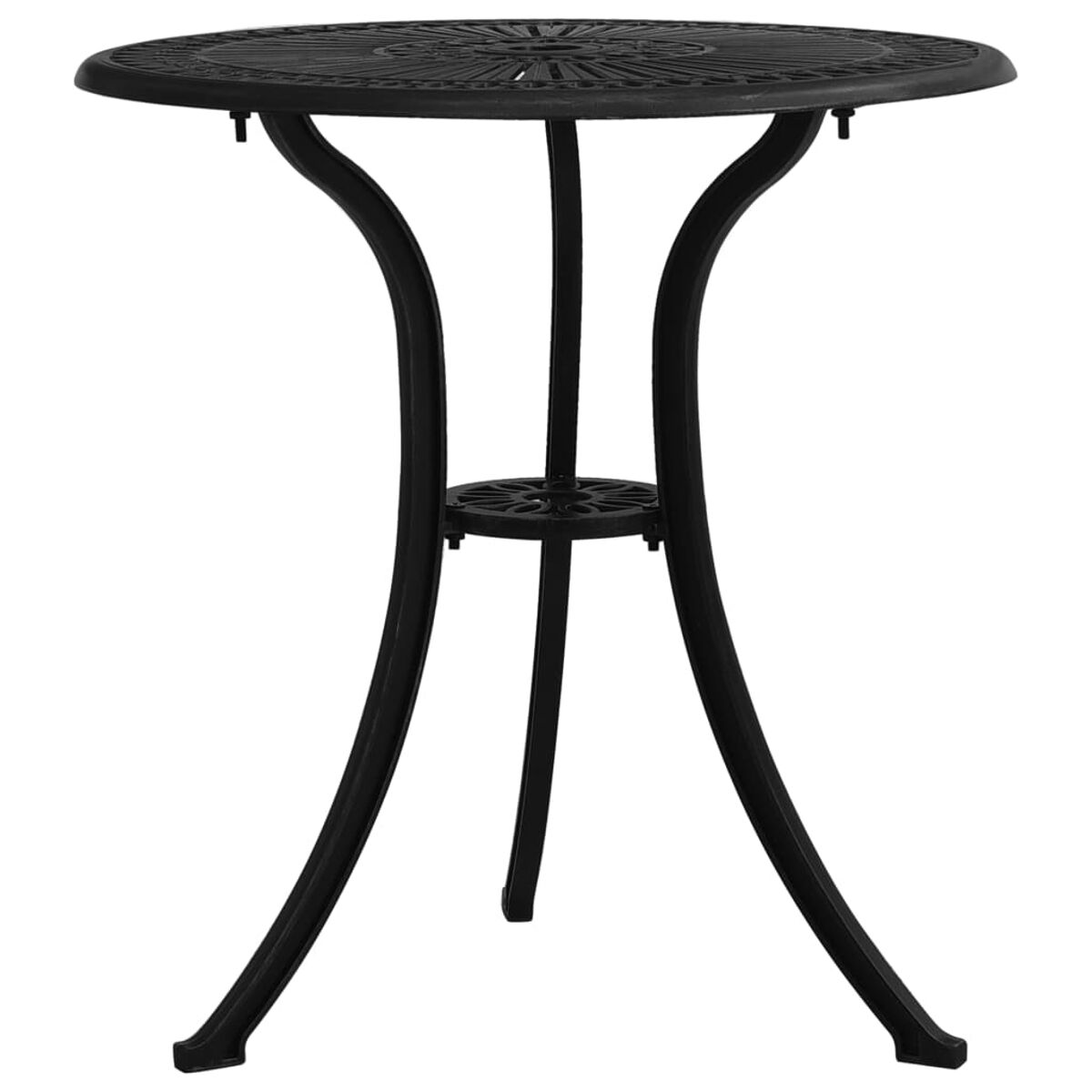 Schwarzer Metall-Bistrotisch mit gemusterter runder Platte und geschwungenen Beinen.