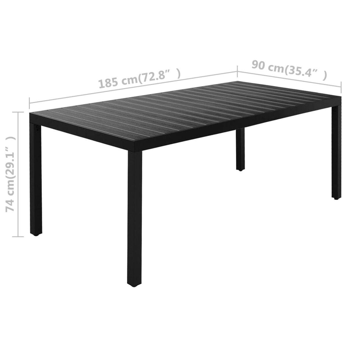 Ein schwarzer rechteckiger Tisch mit den Maßen 185 cm x 90 cm x 74 cm, auf weißem Hintergrund.