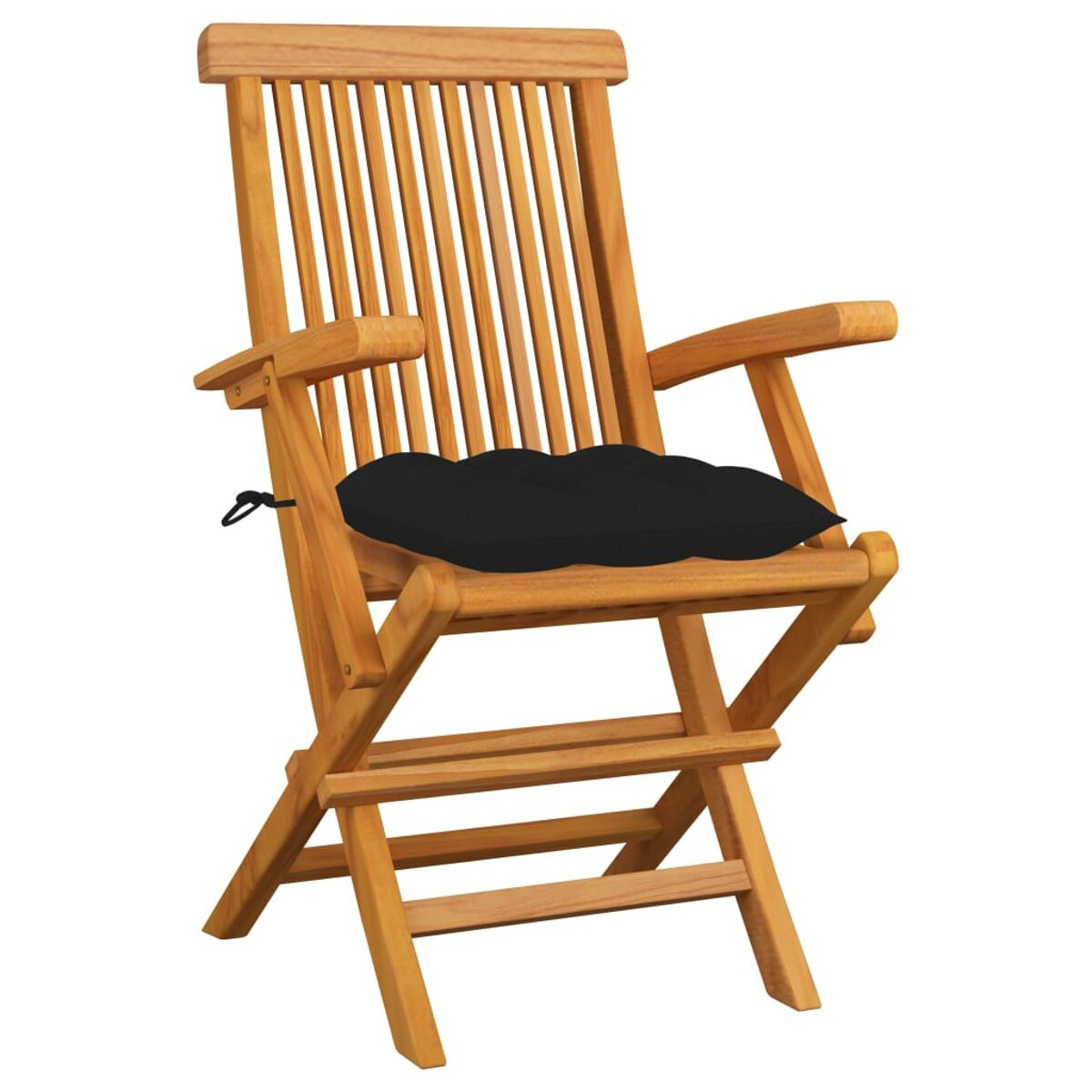 Klappstuhl aus Holz mit schwarzem Kissen. Der Stuhl ist geöffnet.