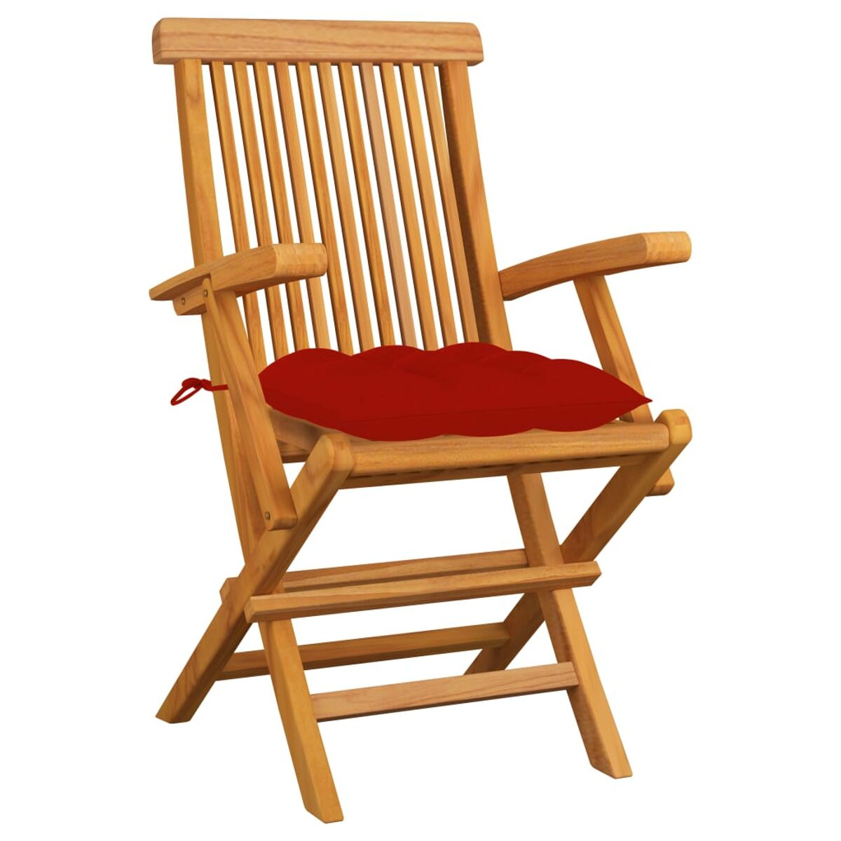Klappstuhl aus Holz mit rotem Kissen.