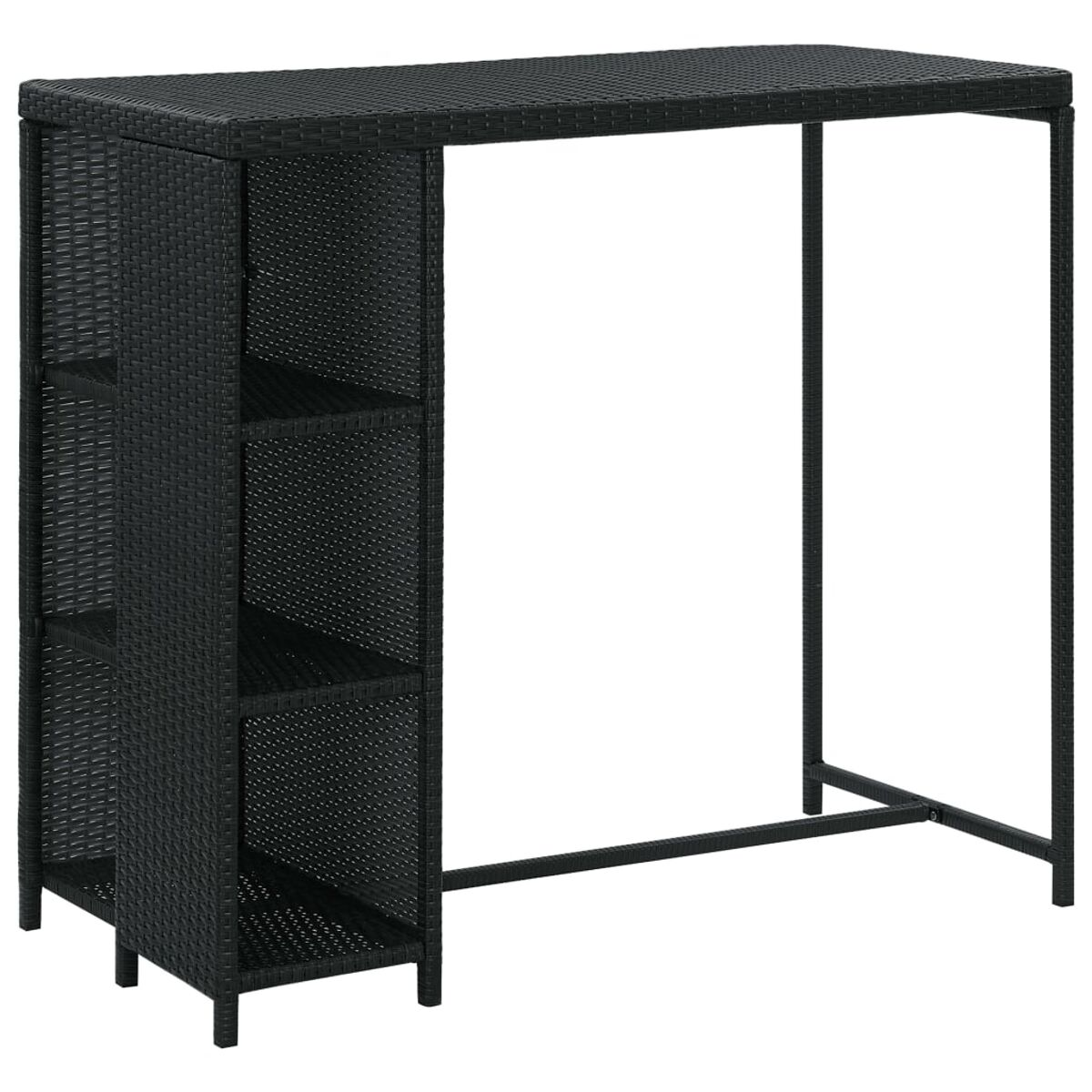 Schwarzer Rattan-Bartisch mit Regalen auf der linken Seite. Der Tisch ist hoch und hat eine rechteckige Platte.