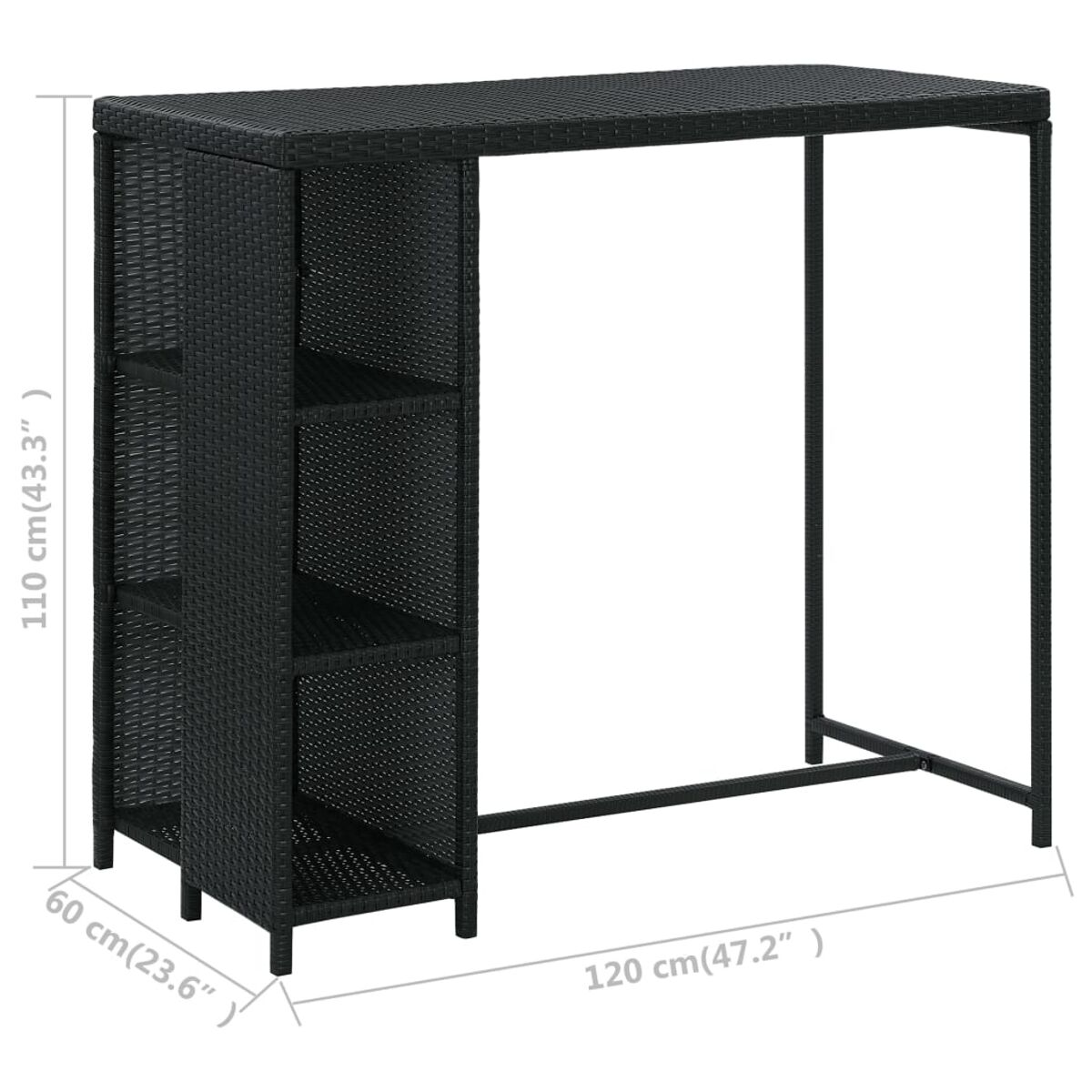 Schwarzer Bartisch für draußen mit Regalen. Schwarzer Rahmen, rattanartige Oberfläche, weißer Hintergrund.