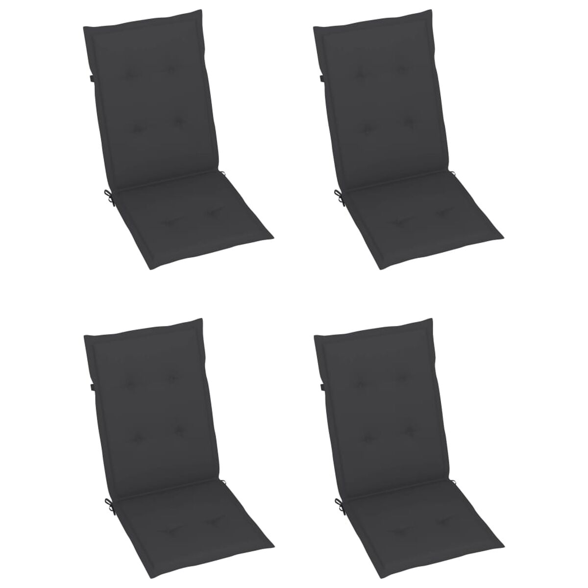 Vier schwarze Sitzkissen. Jedes hat ein getuftetes Design und Bindungen hinten.
