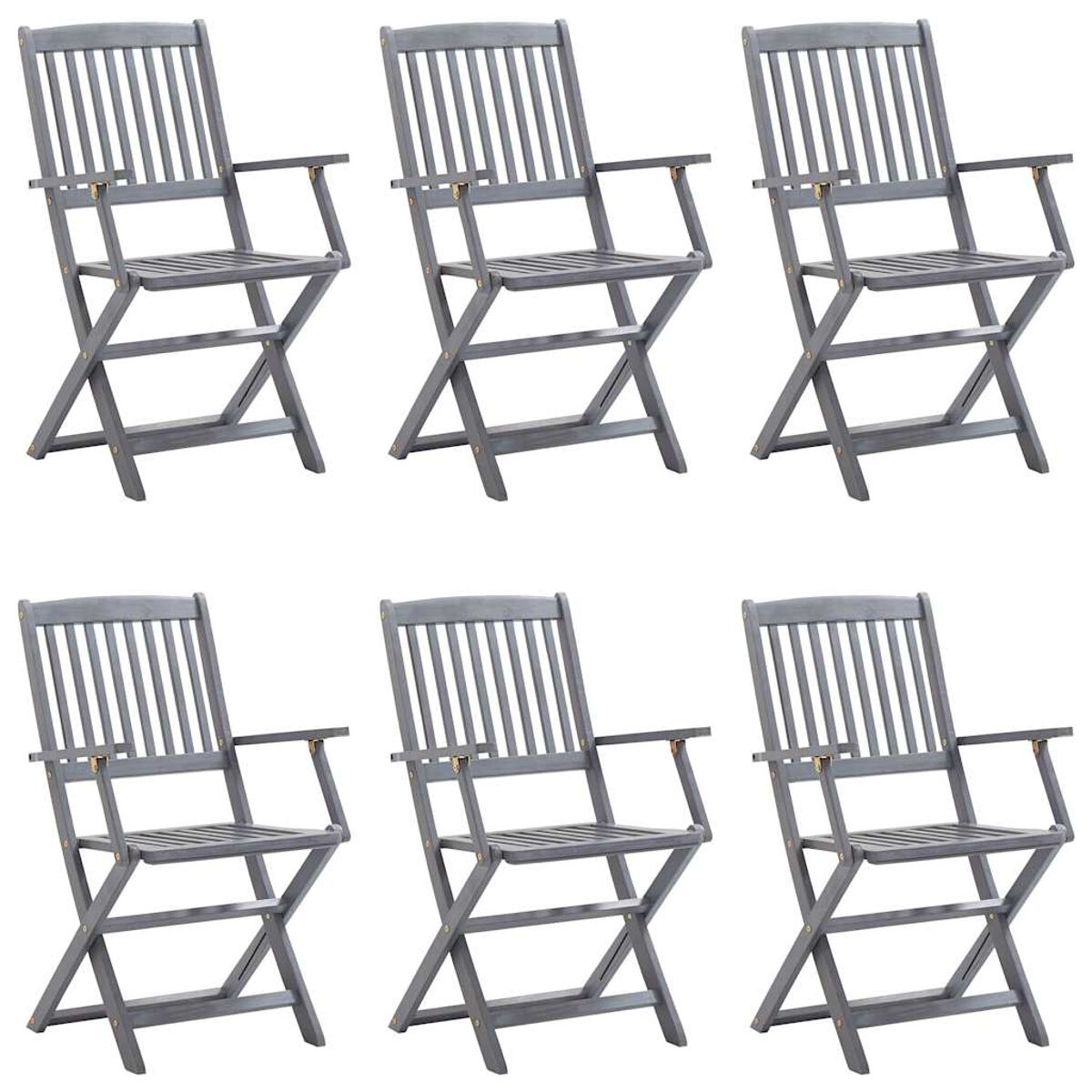 Sechs graue Holzklappstühle mit Armlehnen sind aufgereiht.