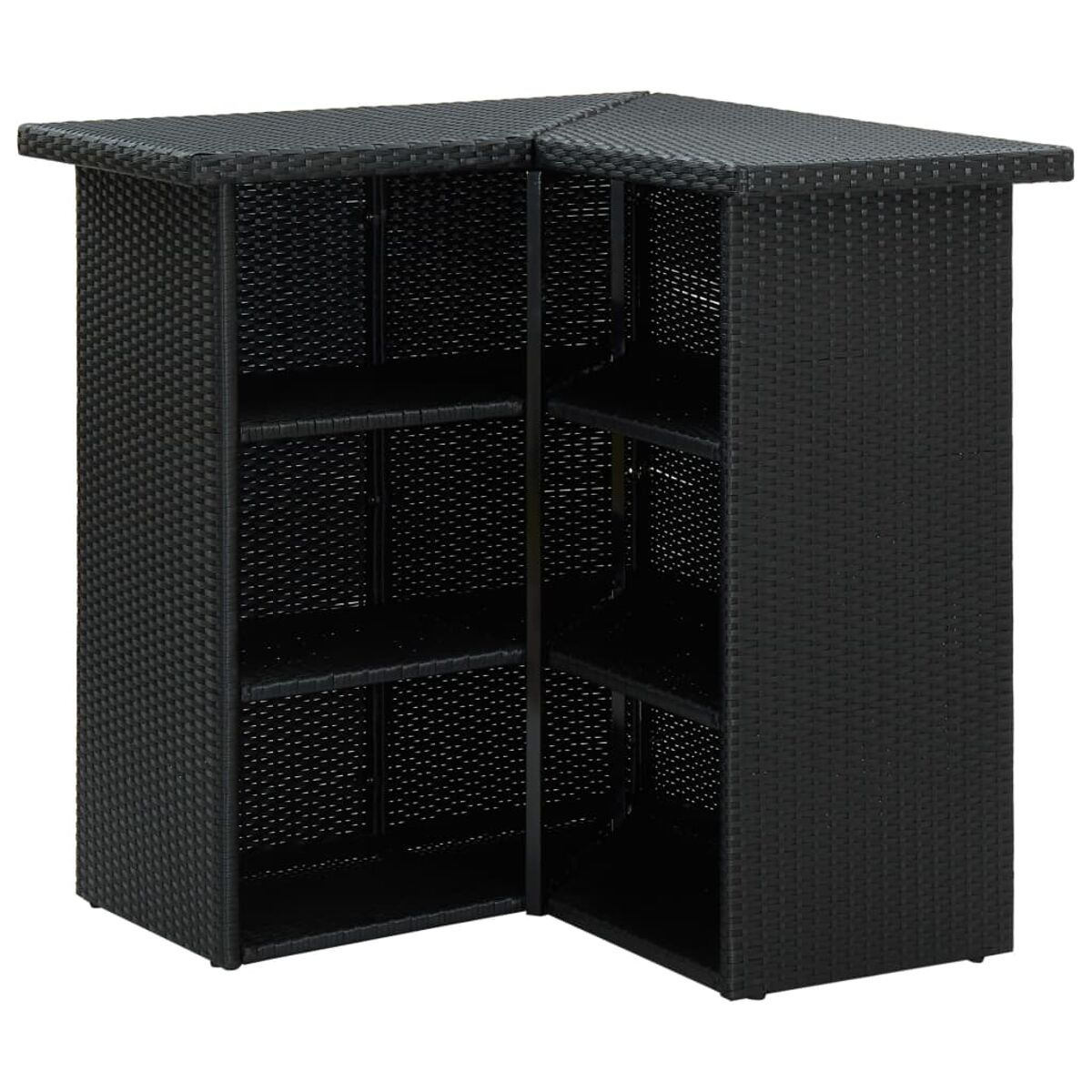 Schwarze Outdoor-Bar aus Korbgeflecht mit Regalen.