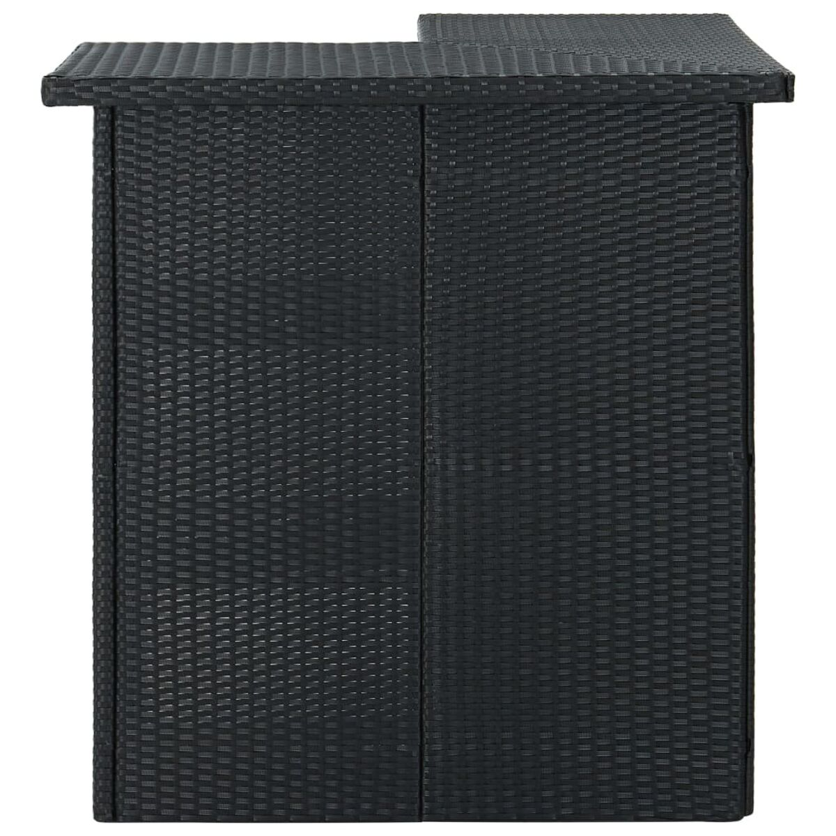 Eine schwarze Rattanbar. Sie hat zwei Türen und eine kleine obere Fläche mit rechteckiger Form.