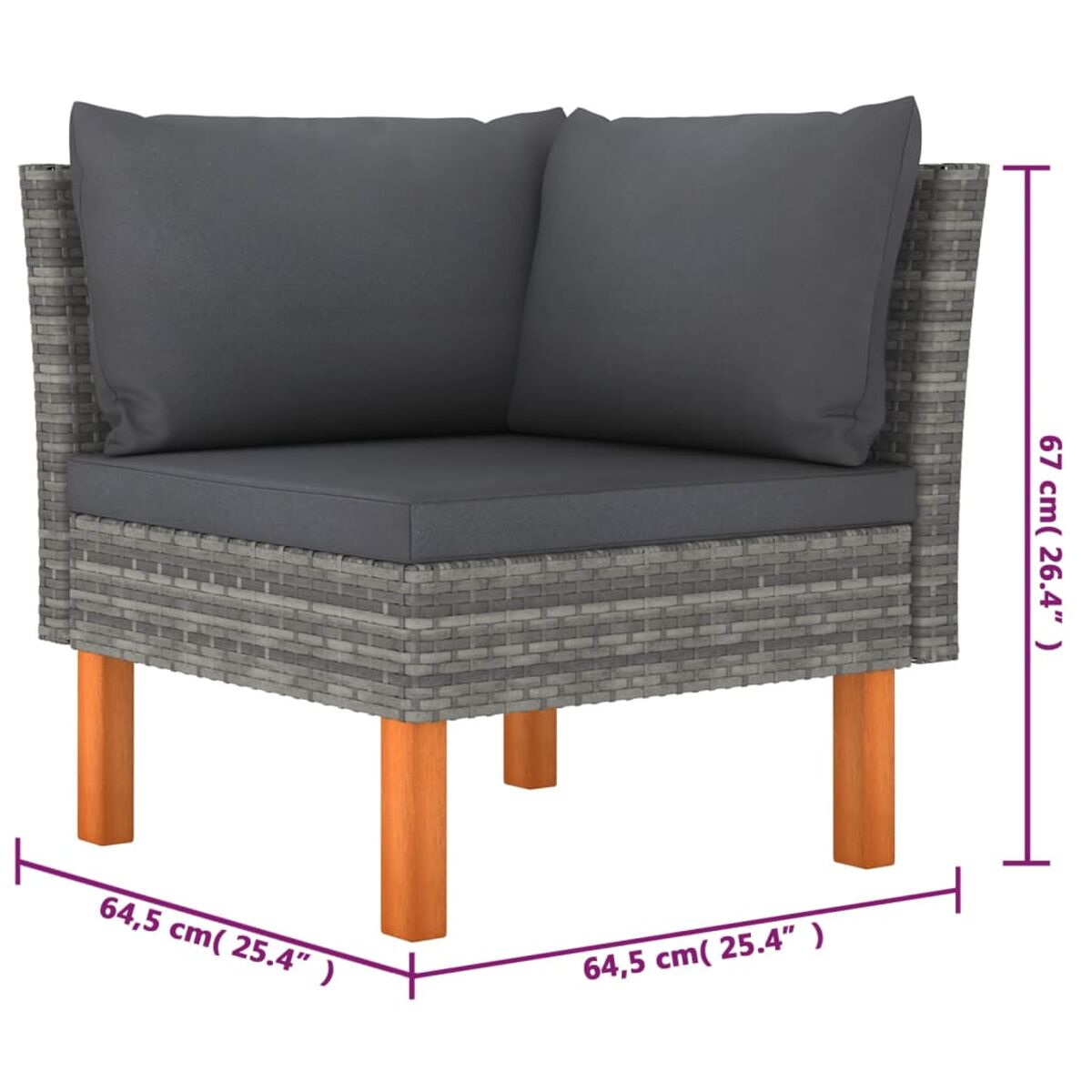Ein graues Ecksofa aus Weide mit Kissen, auf Holzbeinen mit Maßen.