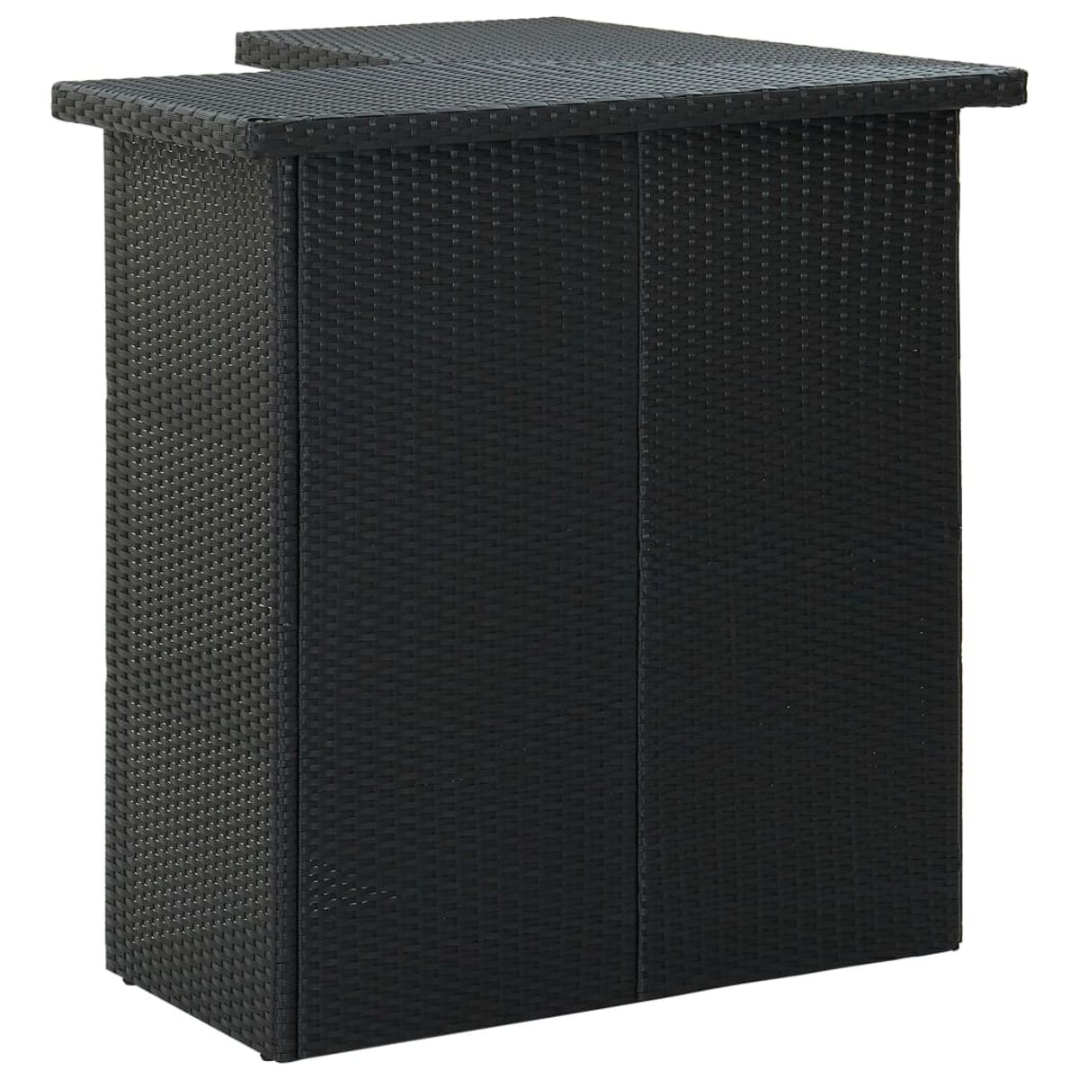 Schwarzer Rattan-Barschrank. Er ist rechteckig und hat eine Oberseite.