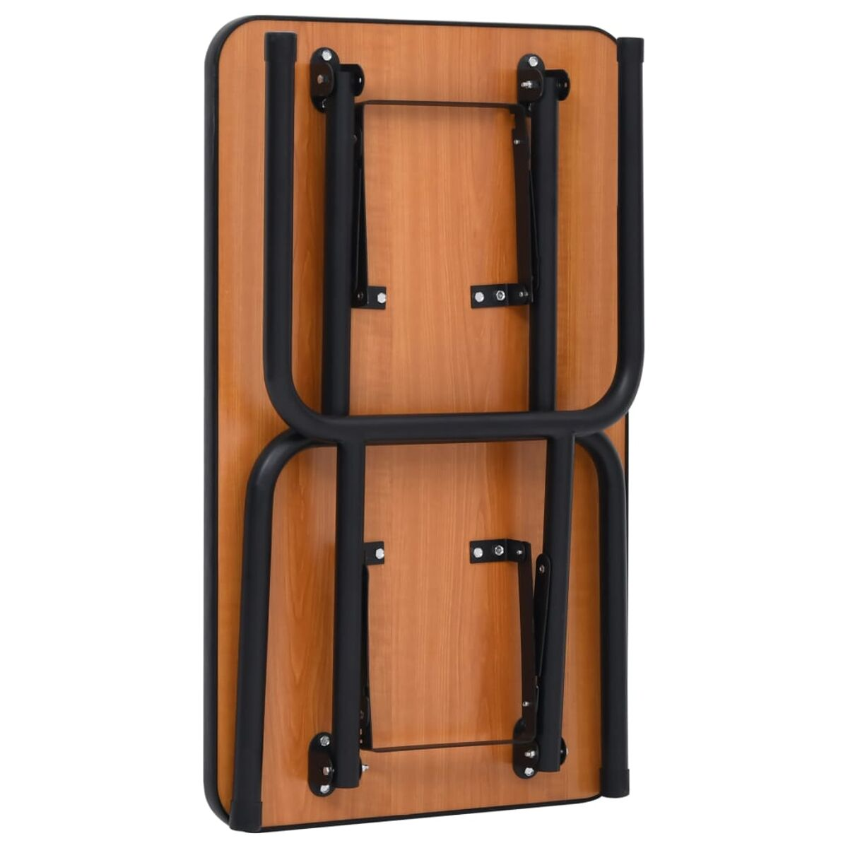 Geklappter Holztisch, braune Tischplatte, schwarzes Metallgestell, Scharniere sichtbar.