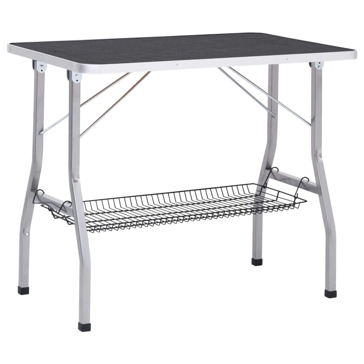 Klapptisch aus Metall mit Drahtgitterregal unten. Er hat eine schwarze Oberfläche.