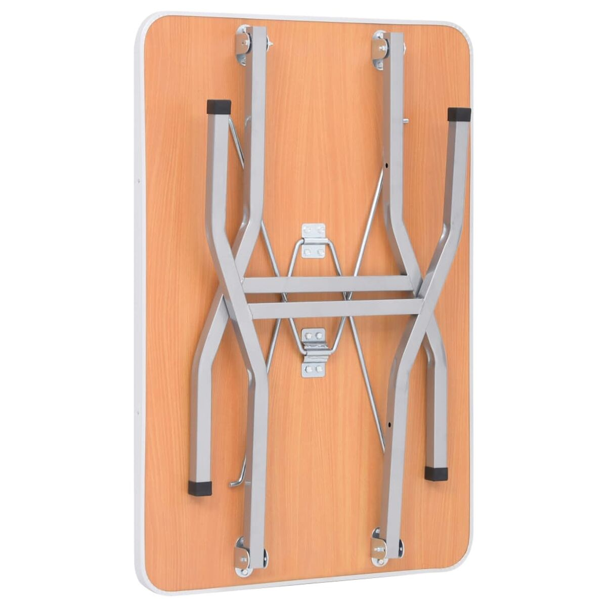 Ein zusammengeklappter Holztisch mit Metallbeinen und heller Holzoberfläche.