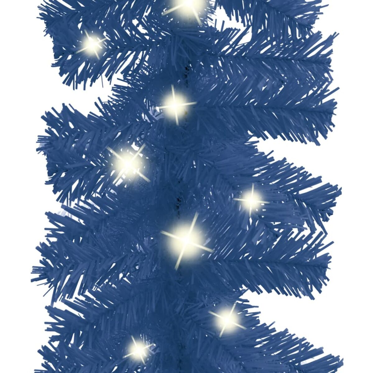 Blaue Weihnachts-Girlande mit mehreren hellen Lichtern. Weißer Hintergrund.