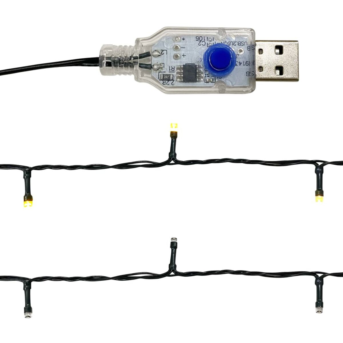Eine USB-betriebene Lichterkette mit Steuerung und drei Lichtabschnitten.