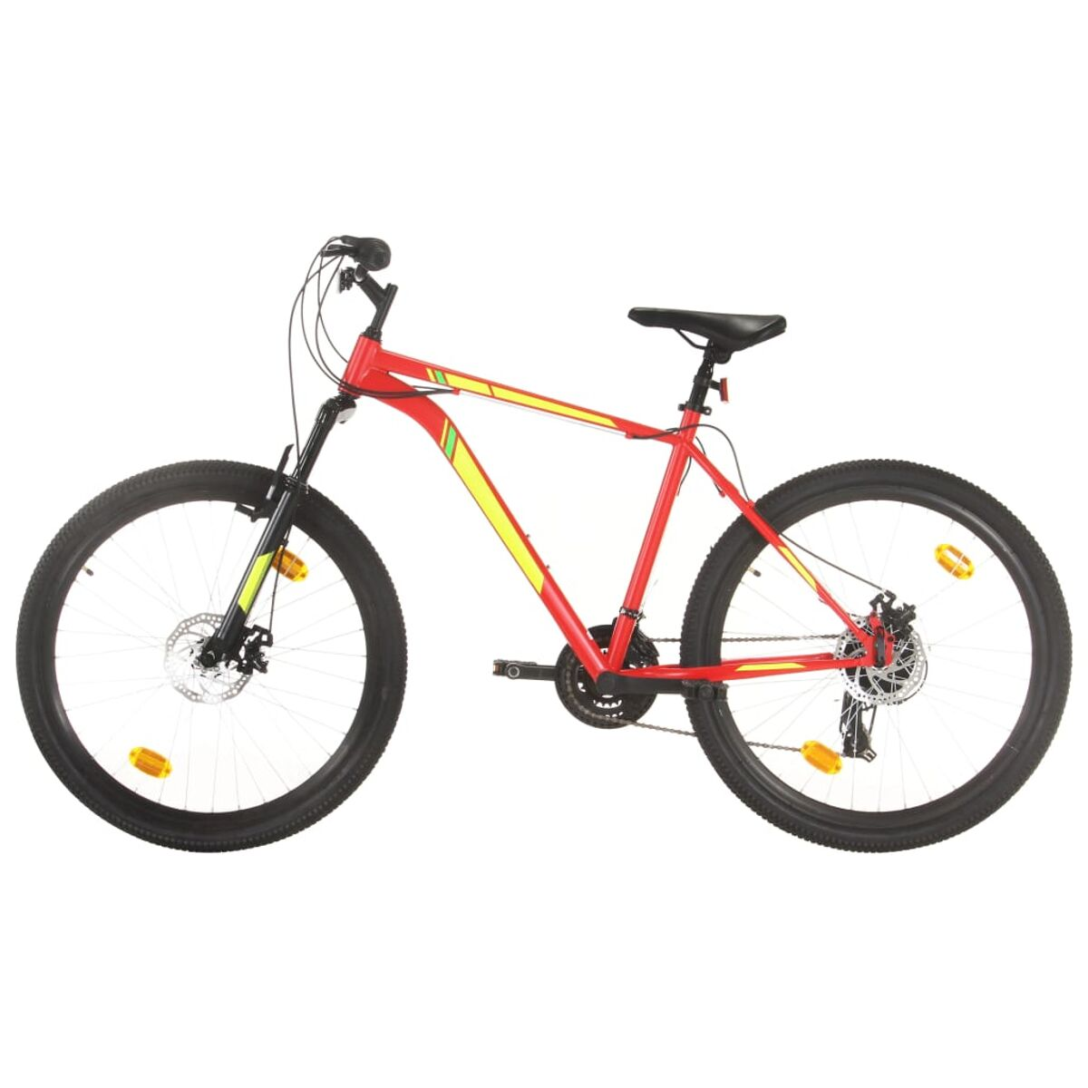 Rotes Mountainbike mit schwarzen Reifen und gelben Akzenten.