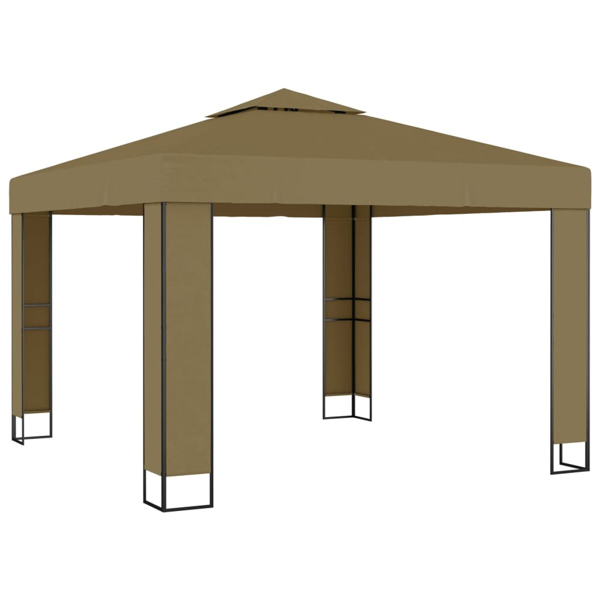 Brauner Pavillon mit quadratischem Dach. Er hat braune Stoffseiten und ein schwarzes Metallgestell.