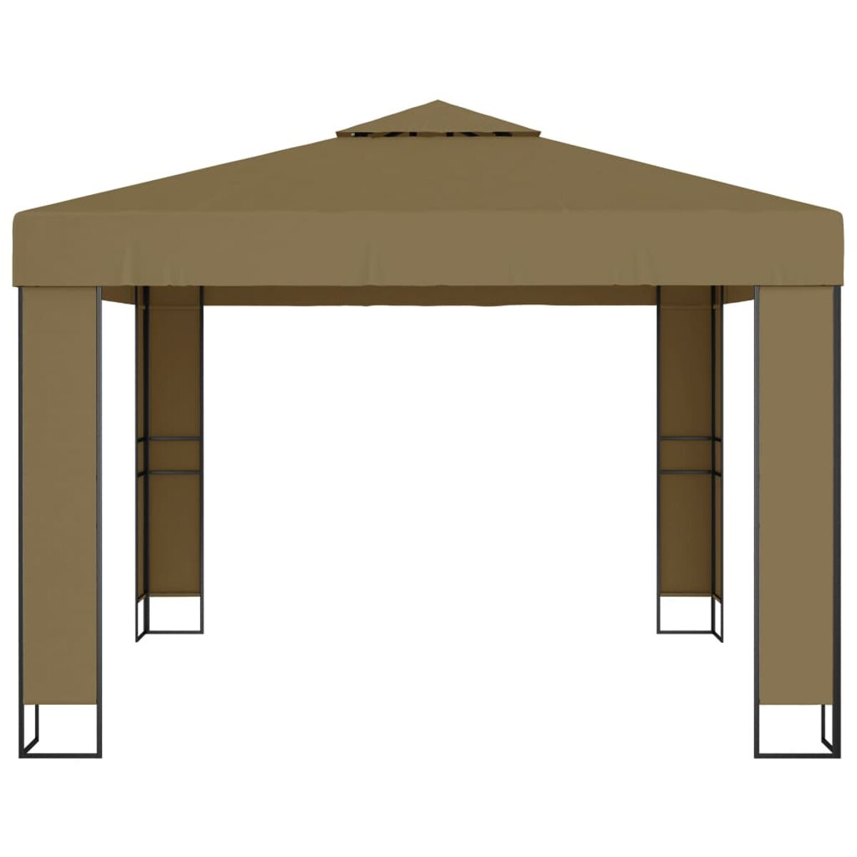 Eine beige Pavillonstruktur mit quadratischem Dach und schwarzem Rahmen, auf weißem Hintergrund.