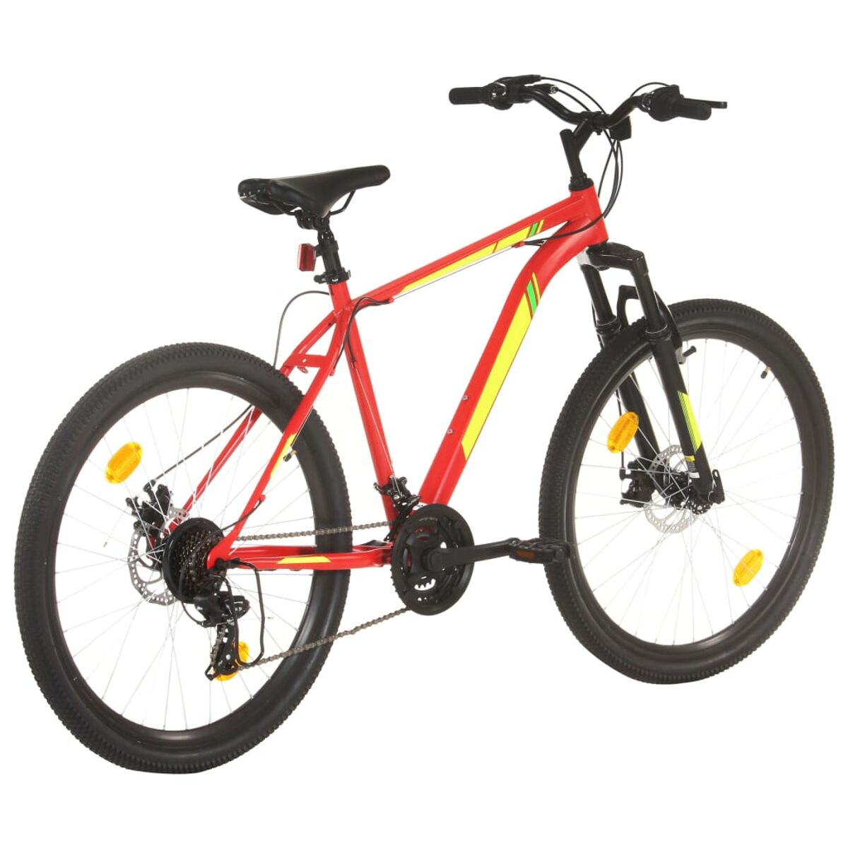 Rotes Mountainbike mit gelben Akzenten. Das Fahrrad hat schwarze Reifen und einen schwarzen Sitz.