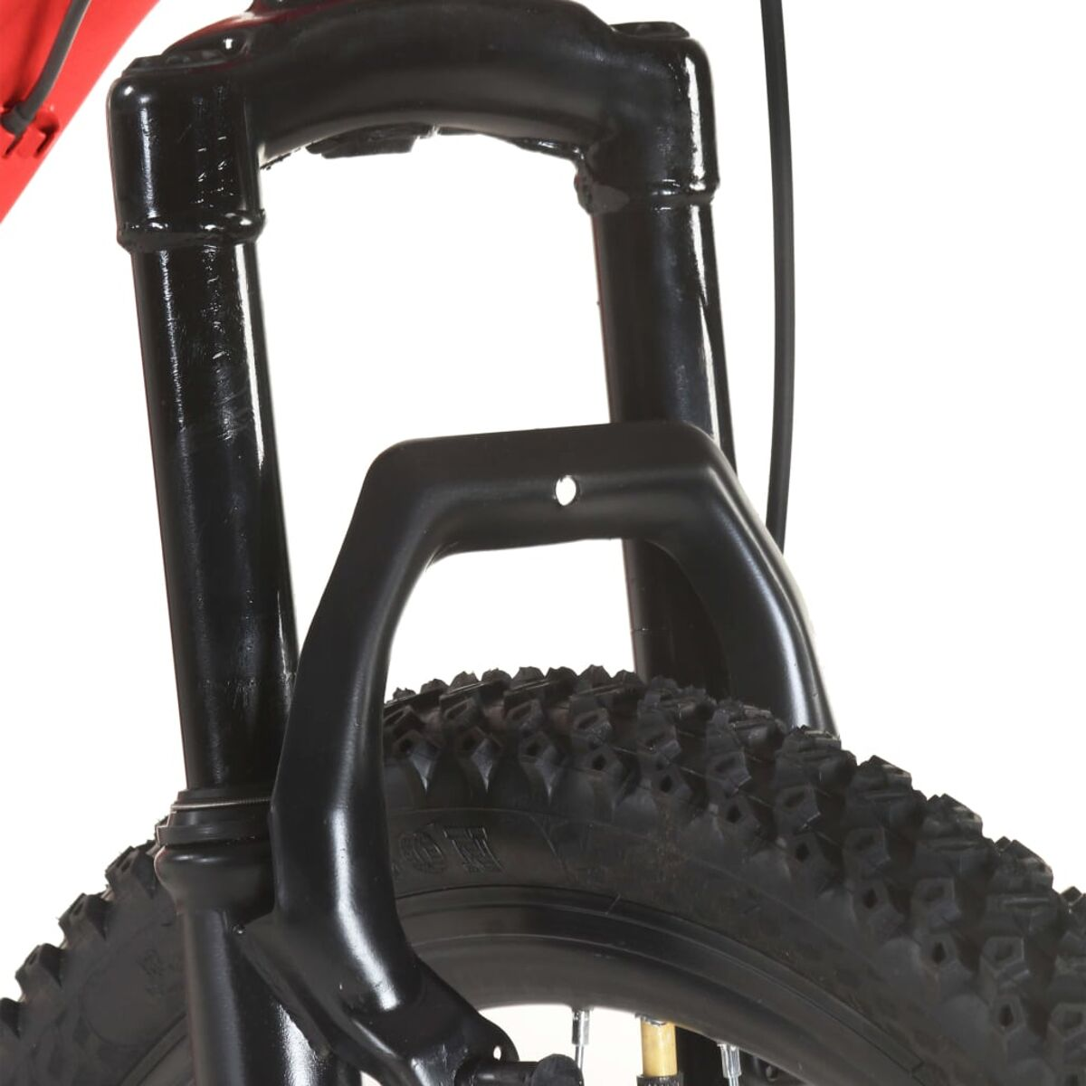 Schwarze Fahrradgabel mit schwarzem Reifen. Der Reifen zeigt Profilmuster.