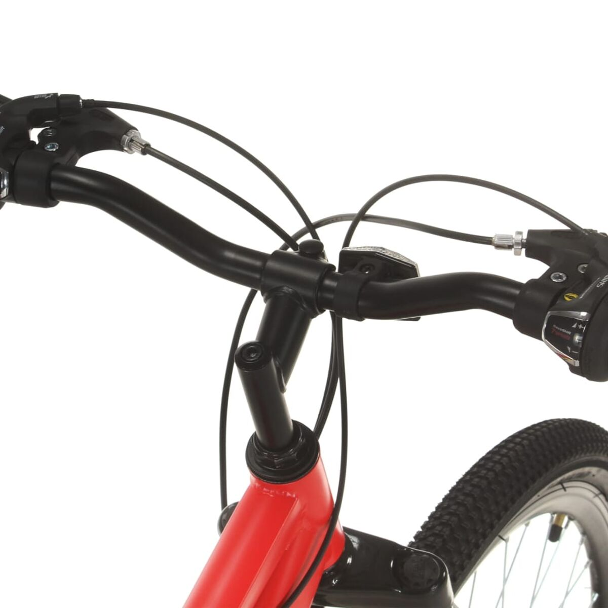 Nahaufnahme eines roten Fahrradlenkers, schwarze Griffe und Kabel, auf weißem Hintergrund.