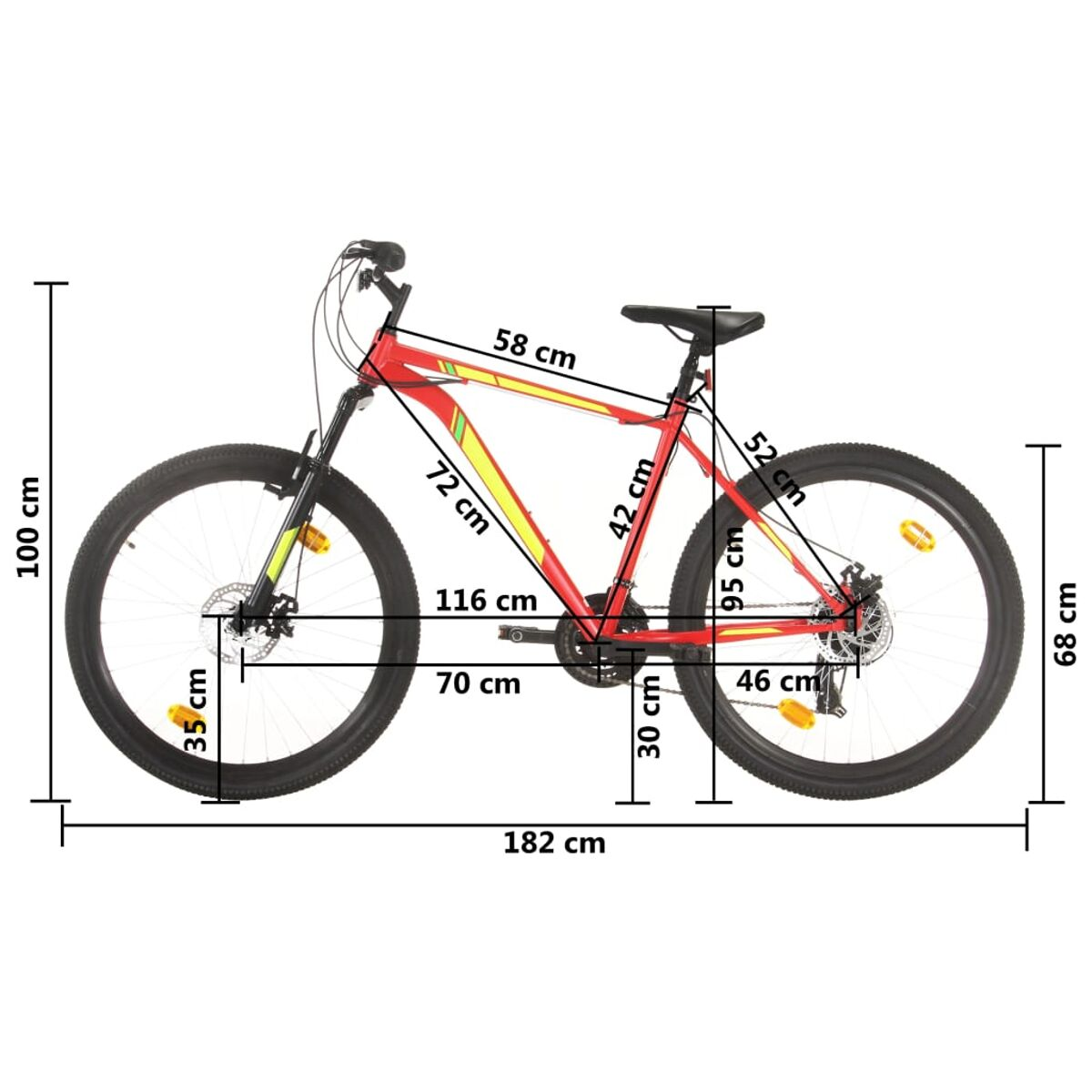 Rotes und gelbes Mountainbike mit Maßen, weißer Hintergrund.