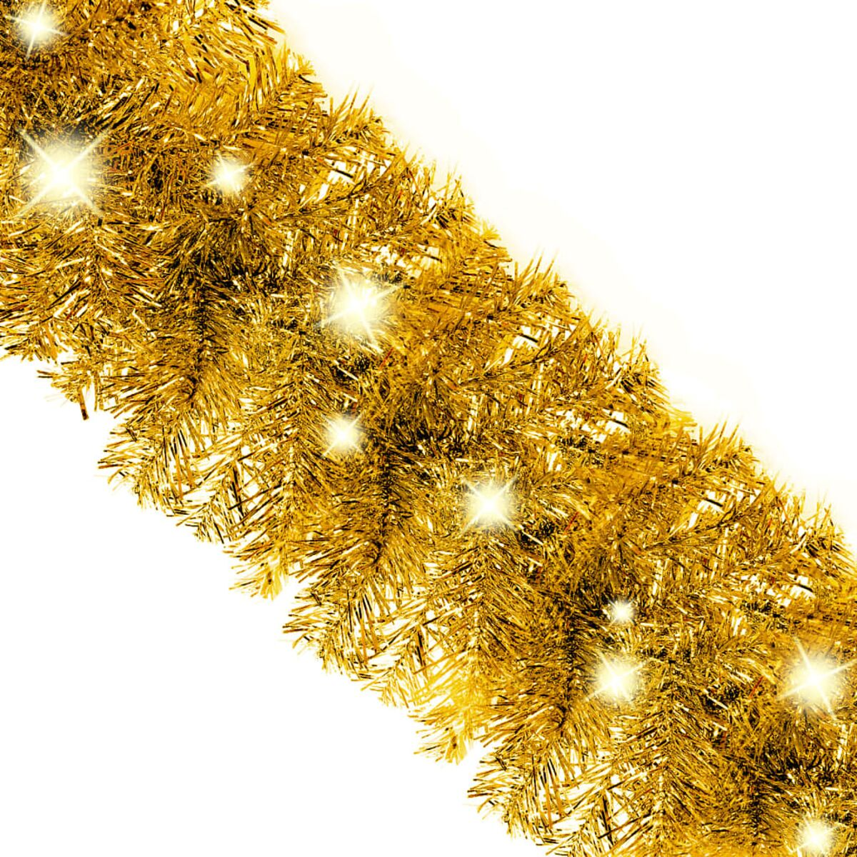 Goldenes Lametta auf weißem Hintergrund. Glitzer sind über das Lametta verstreut.