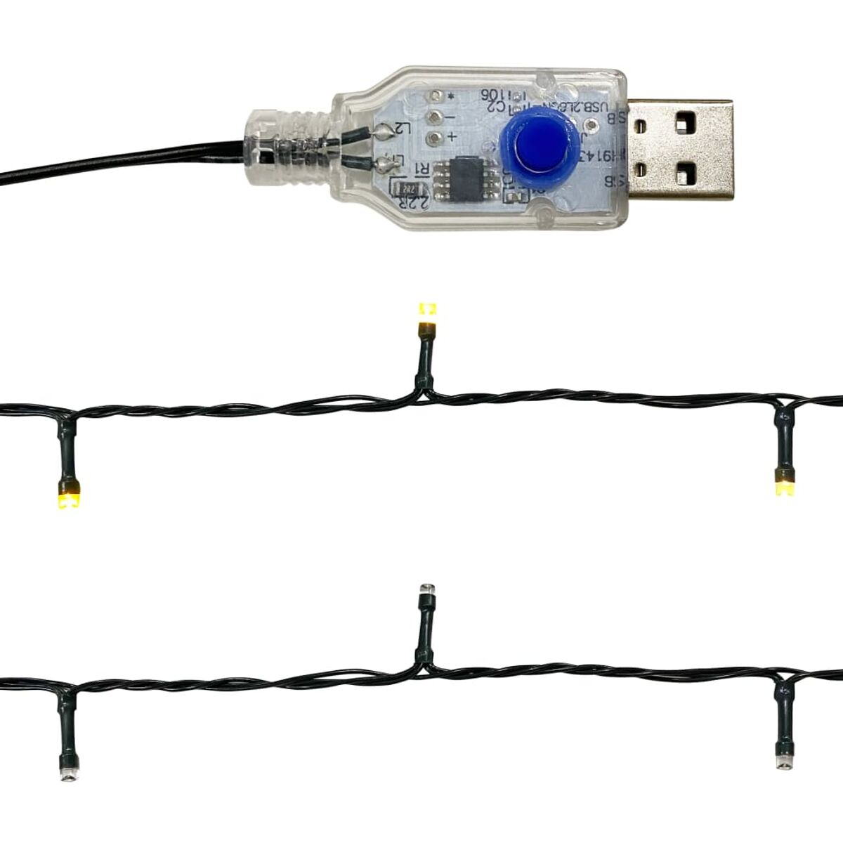 Ein USB-Anschluss mit einem schwarzen Draht und kleinen Lichtern. Die Lichter sind gelb.