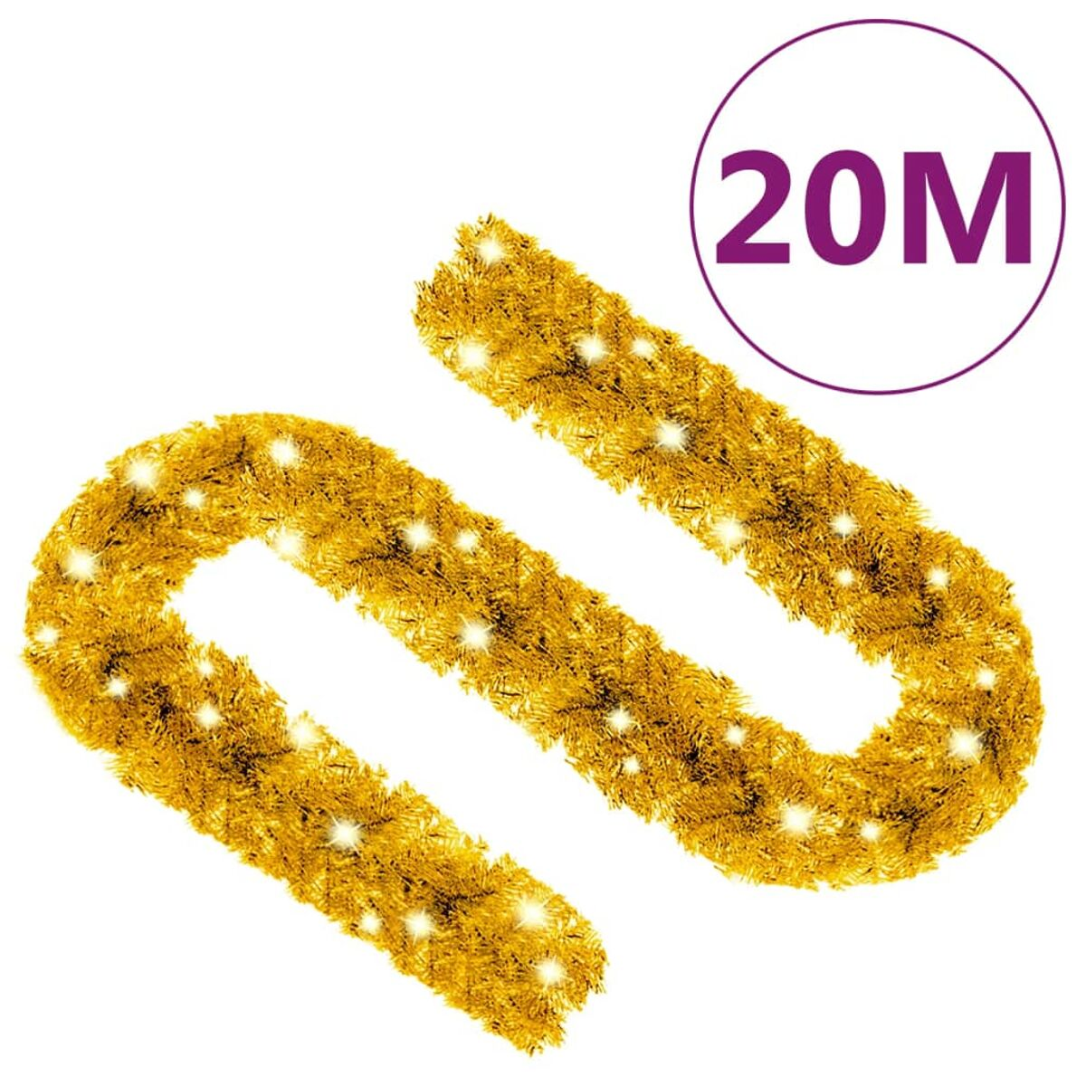 Goldene Girlande mit weißen Lichtern. Text lautet 20M in einem Kreis.
