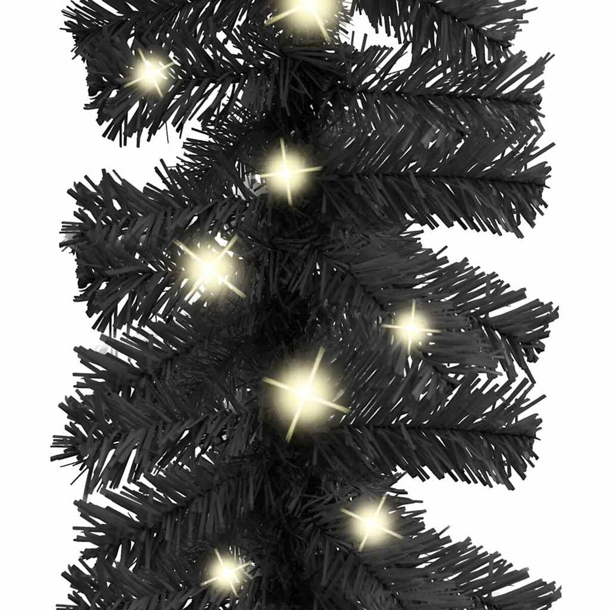 Schwarze Girlande mit leuchtenden Lichtern, vor weißem Hintergrund.
