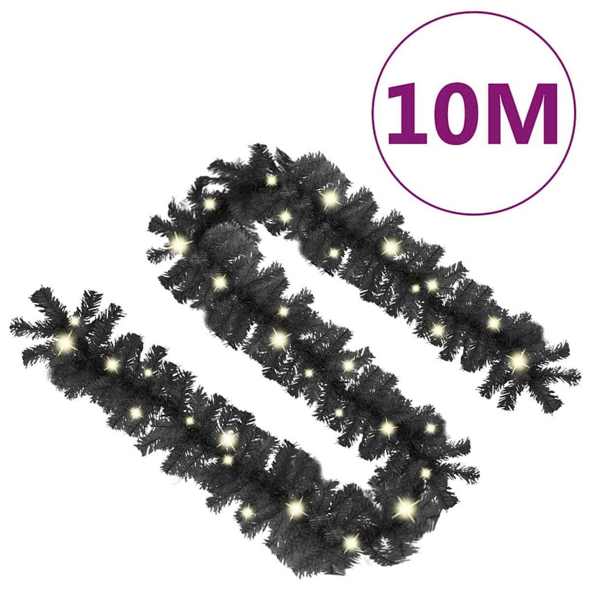 Schwarze Girlande mit weißen Lichtern und einem '10M'-Label. Die Girlande ist wellenförmig angeordnet.