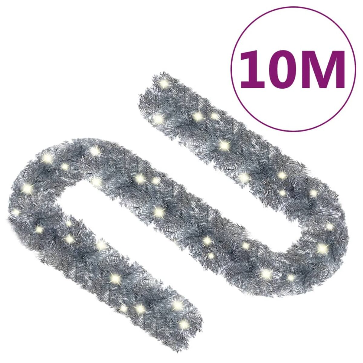 Silberne Girlande mit weißen Lichtern in Wellenform, 10 Meter lang, auf weißem Hintergrund.