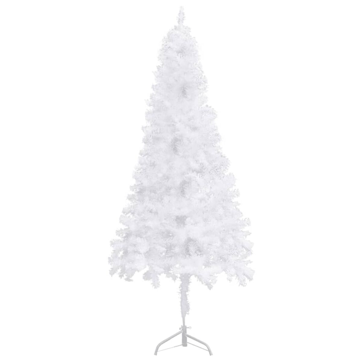 Ein hoher weißer Weihnachtsbaum auf einem Metallständer, isoliert auf weißem Hintergrund.