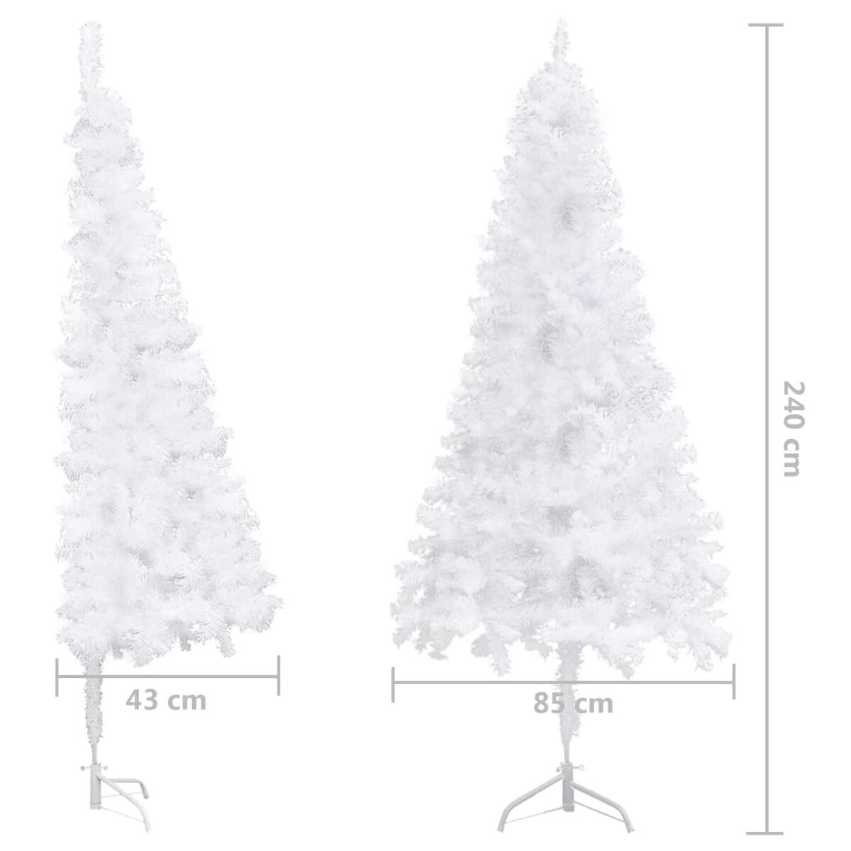 Zwei weiße künstliche Weihnachtsbäume auf Ständern. Einer ist schlank, der andere voller, beide auf Weiß.