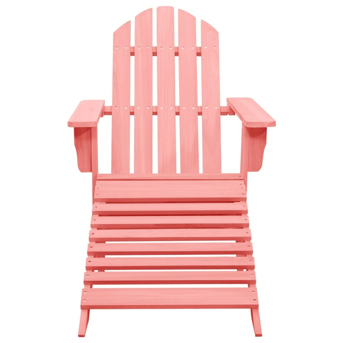 Rosa Adirondack-Stuhl, Vorderansicht. Verfügt über eine Sitzfläche und Rückenlehne mit Lamellen, mit Armlehnen.