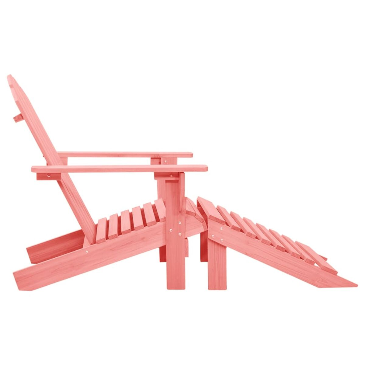 Pinkfarbener Adirondack-Stuhl mit Fußstütze, Seitenansicht.