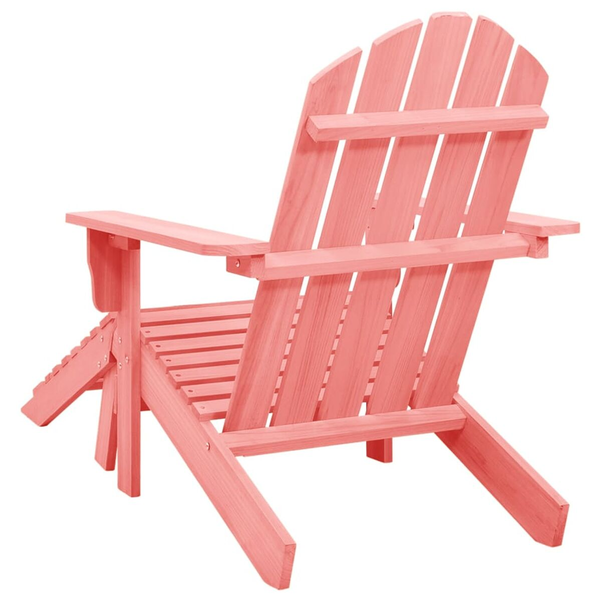 Rosa Holz-Adirondack-Stuhl, Rückansicht. Lattenrost und Rückenlehne. Weißer Hintergrund.