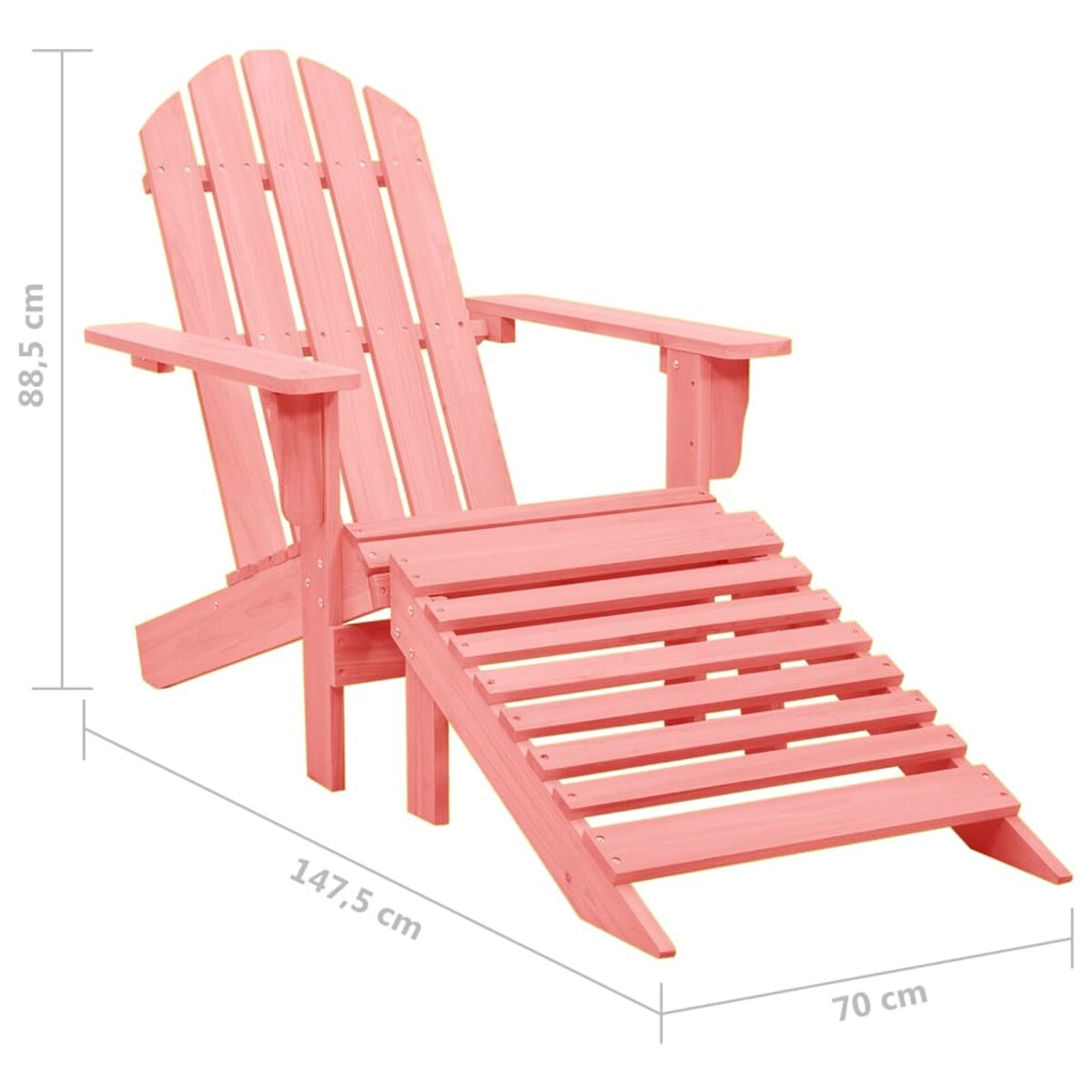 Rosa Holz-Adirondack-Stuhl mit Fußstütze. Abmessungen werden angezeigt. Weißer Hintergrund.