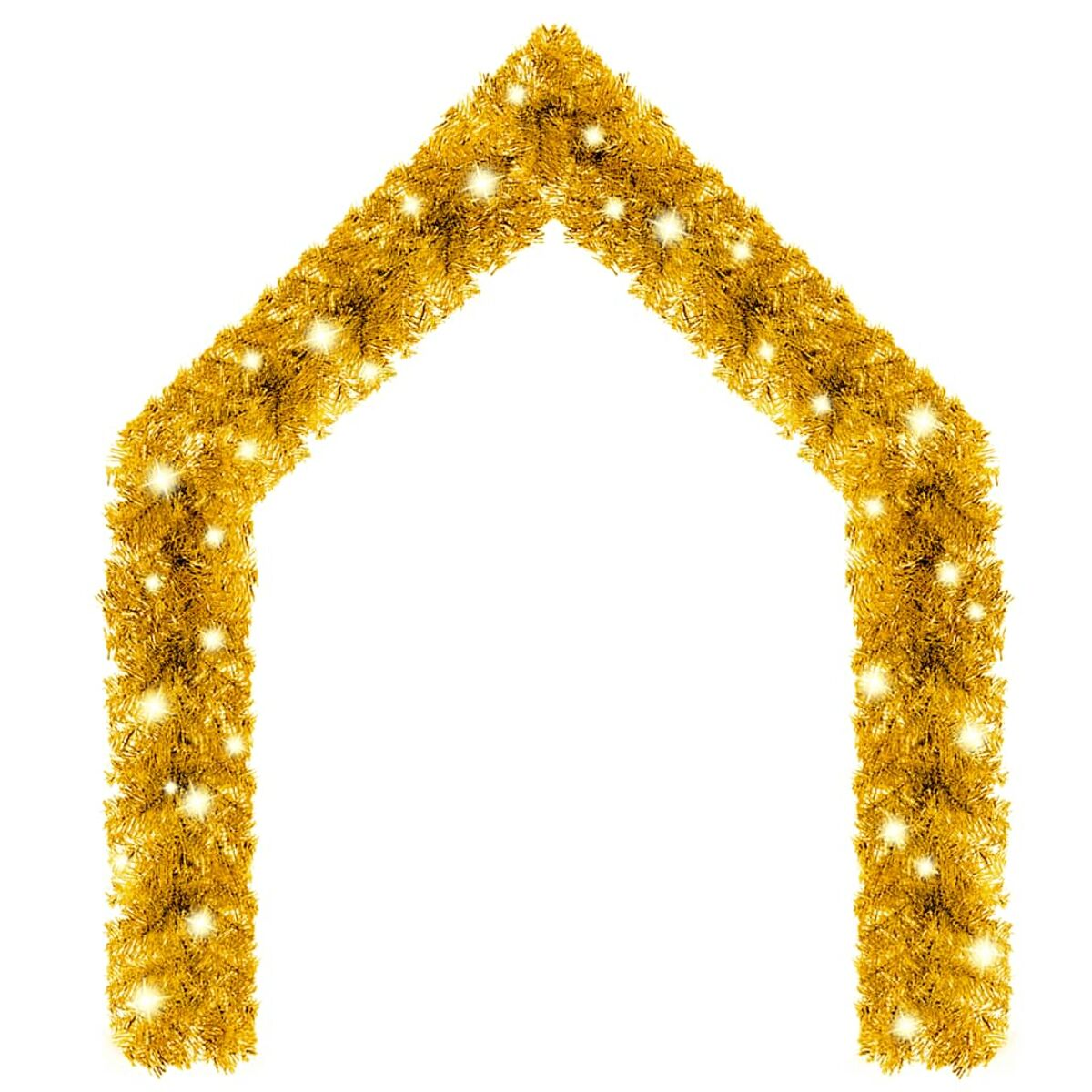 Goldener dekorativer Bogen. Aus verbundenen goldenen Zweigen und kleinen Lichtern. Isoliert auf Weiß.