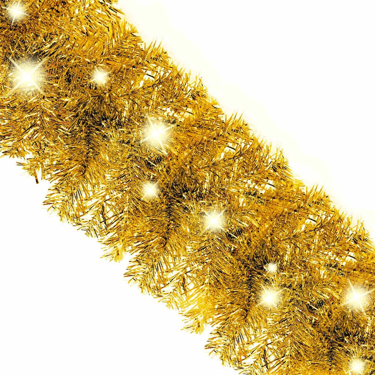 Diagonale goldene Lamettagirlande mit glitzernden Lichtern, auf weißem Hintergrund.