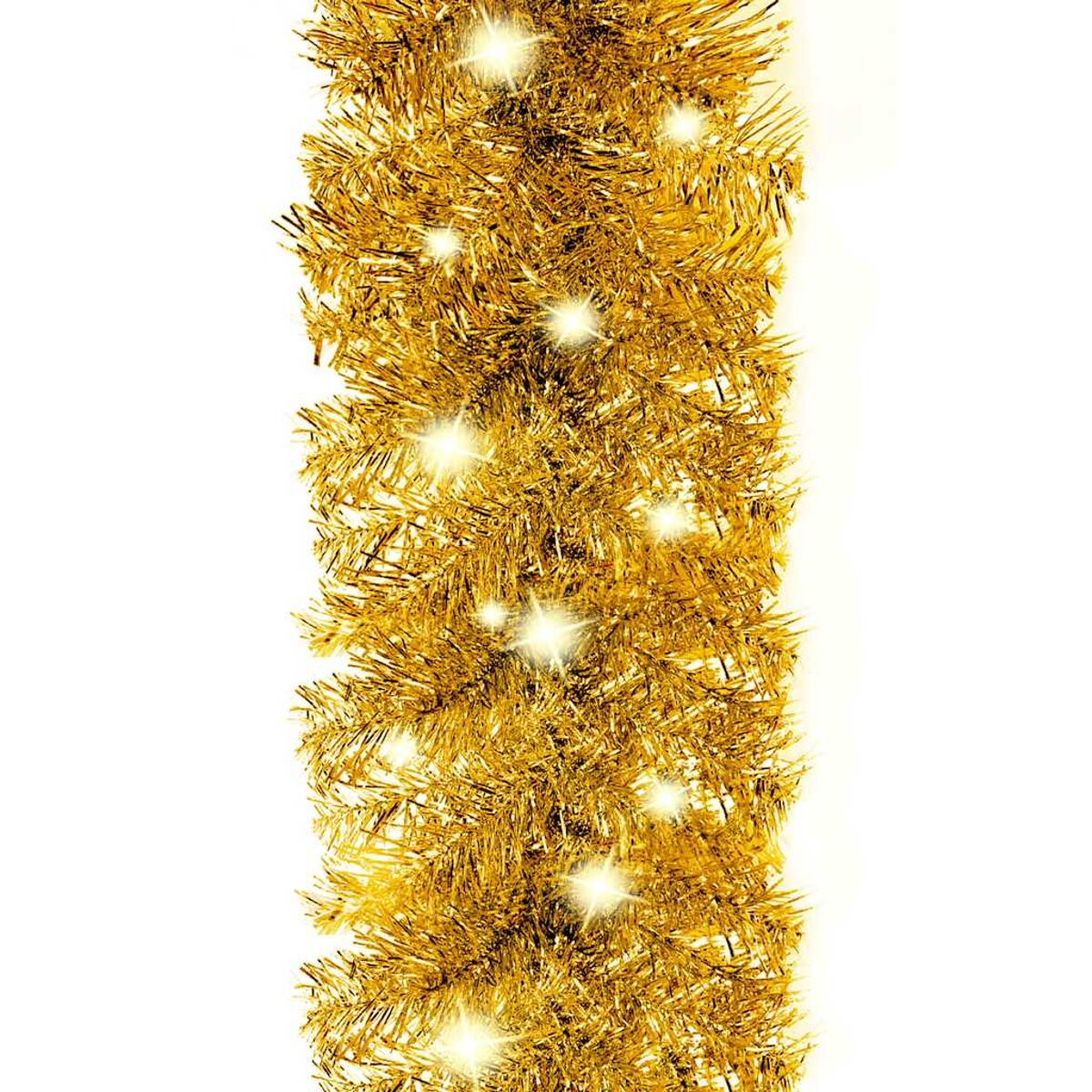 Goldene Lametta-Girlande. Lichter überall. Weißer Hintergrund.